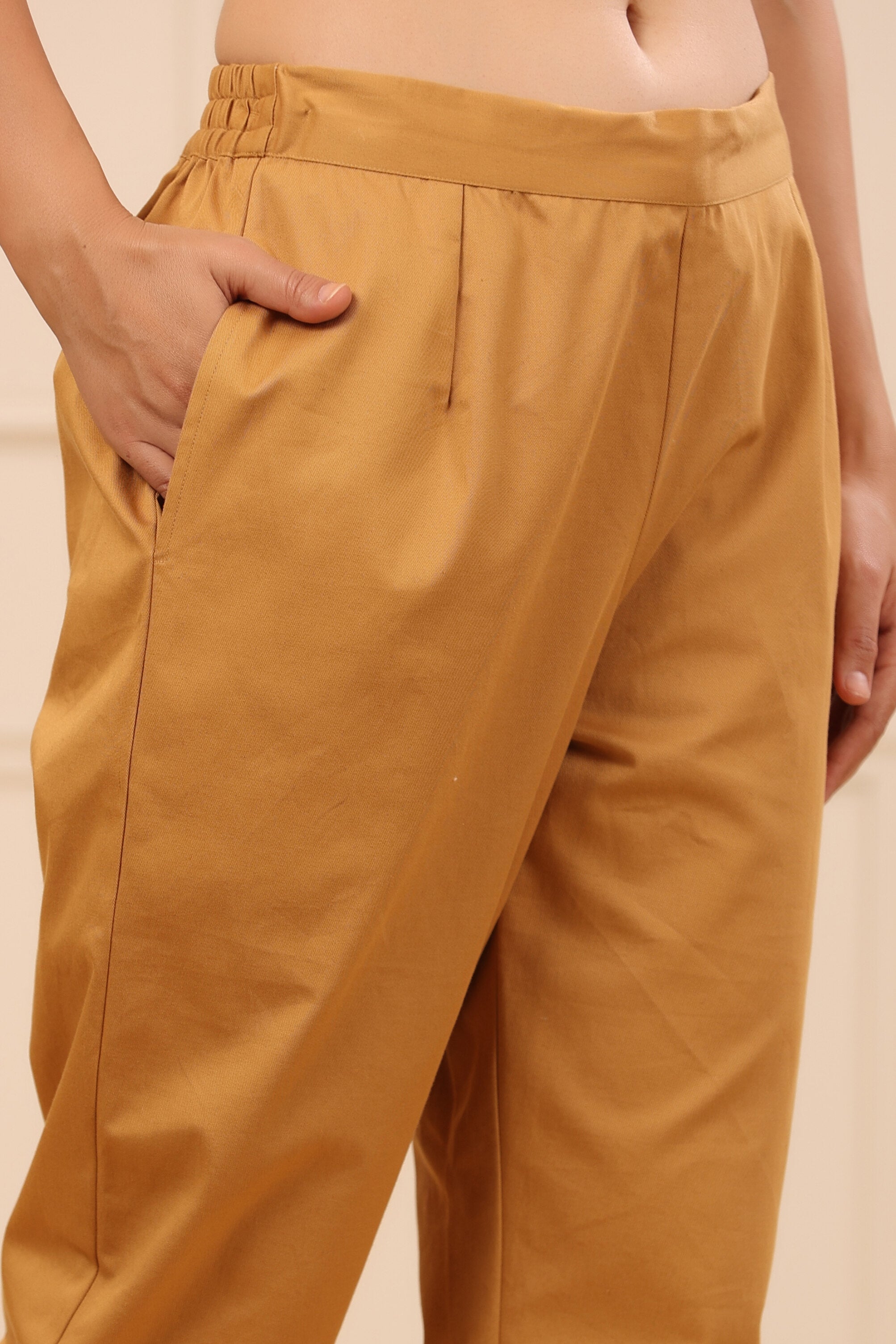Juniper Women's Gold Cotton Twill Lycra Solid Straight Pant/Slim Pant