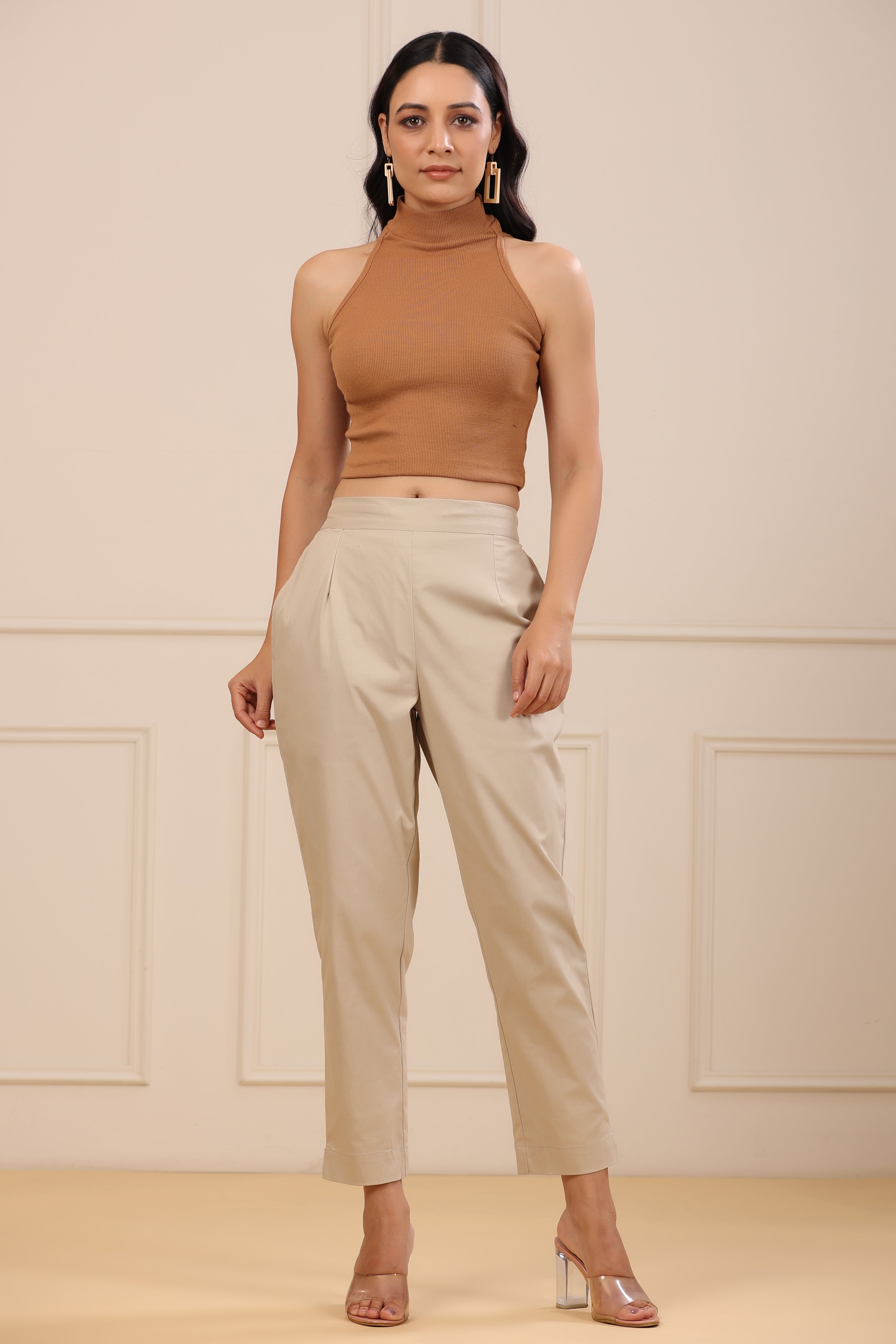 Juniper Women's Beige Cotton Spendex Solid Straight Pant/Slim Pant