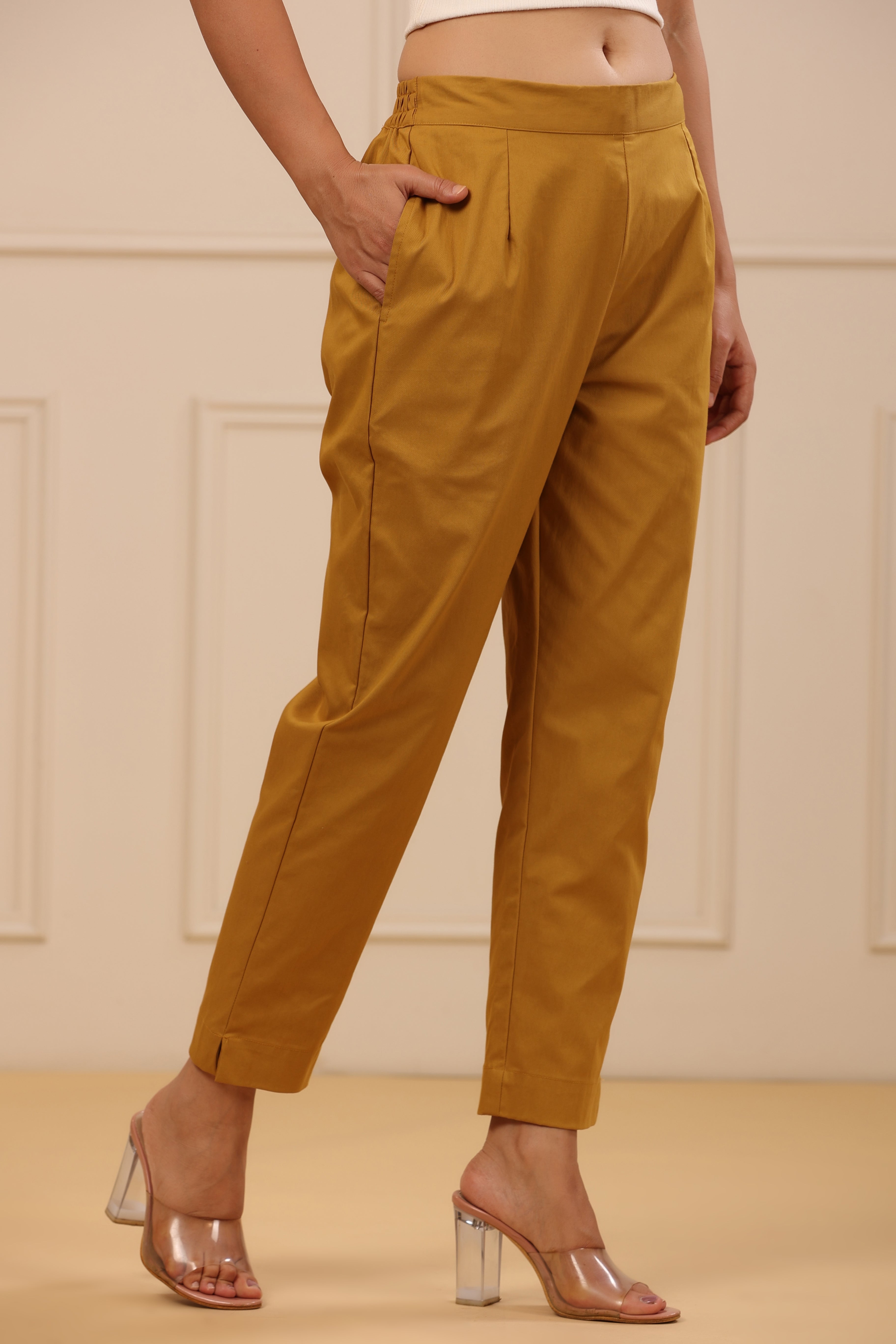 Juniper Women's Mustard Cotton Spandex Solid Straight Pant