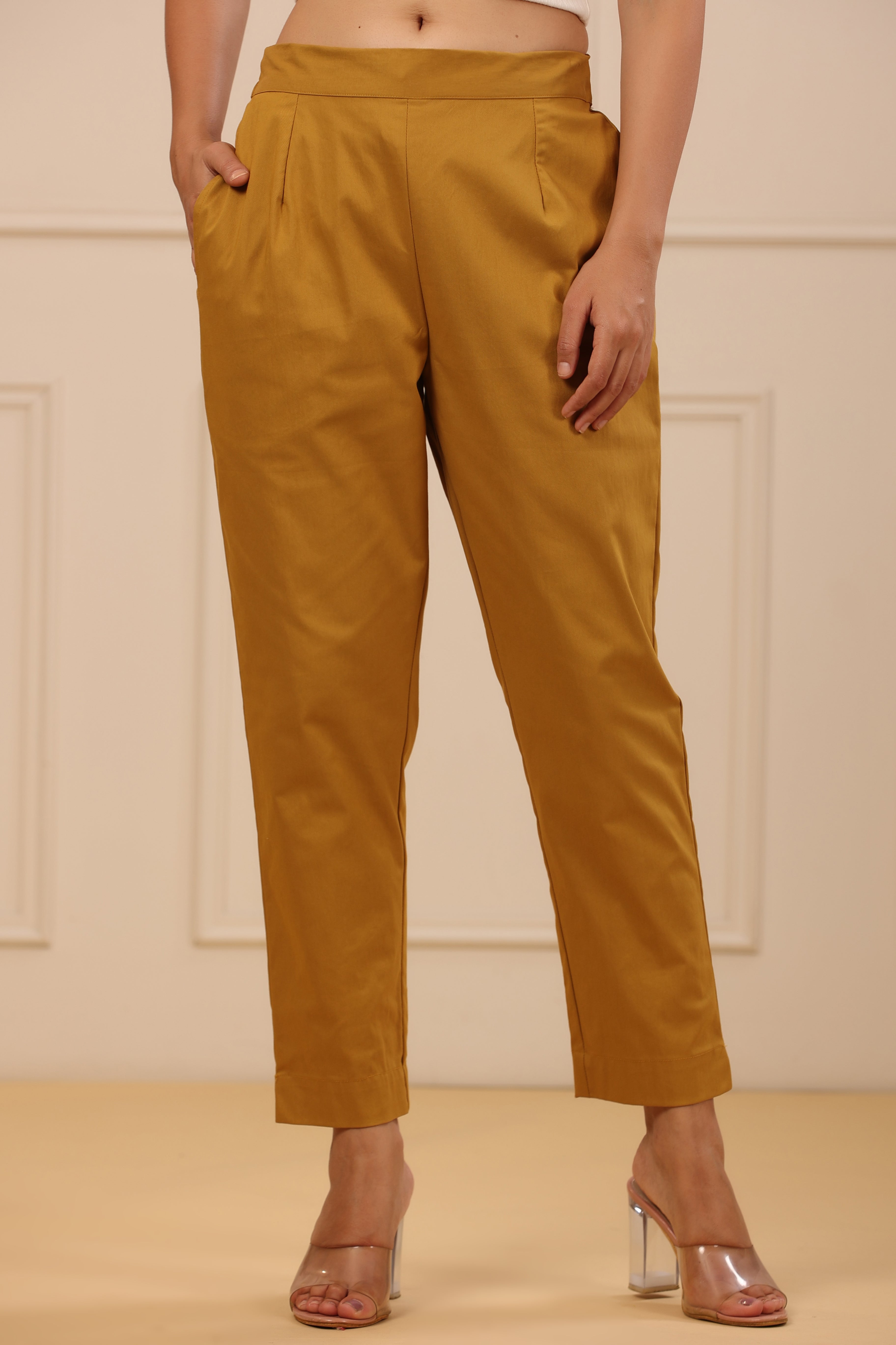 Juniper Women's Mustard Cotton Spandex Solid Straight Pant
