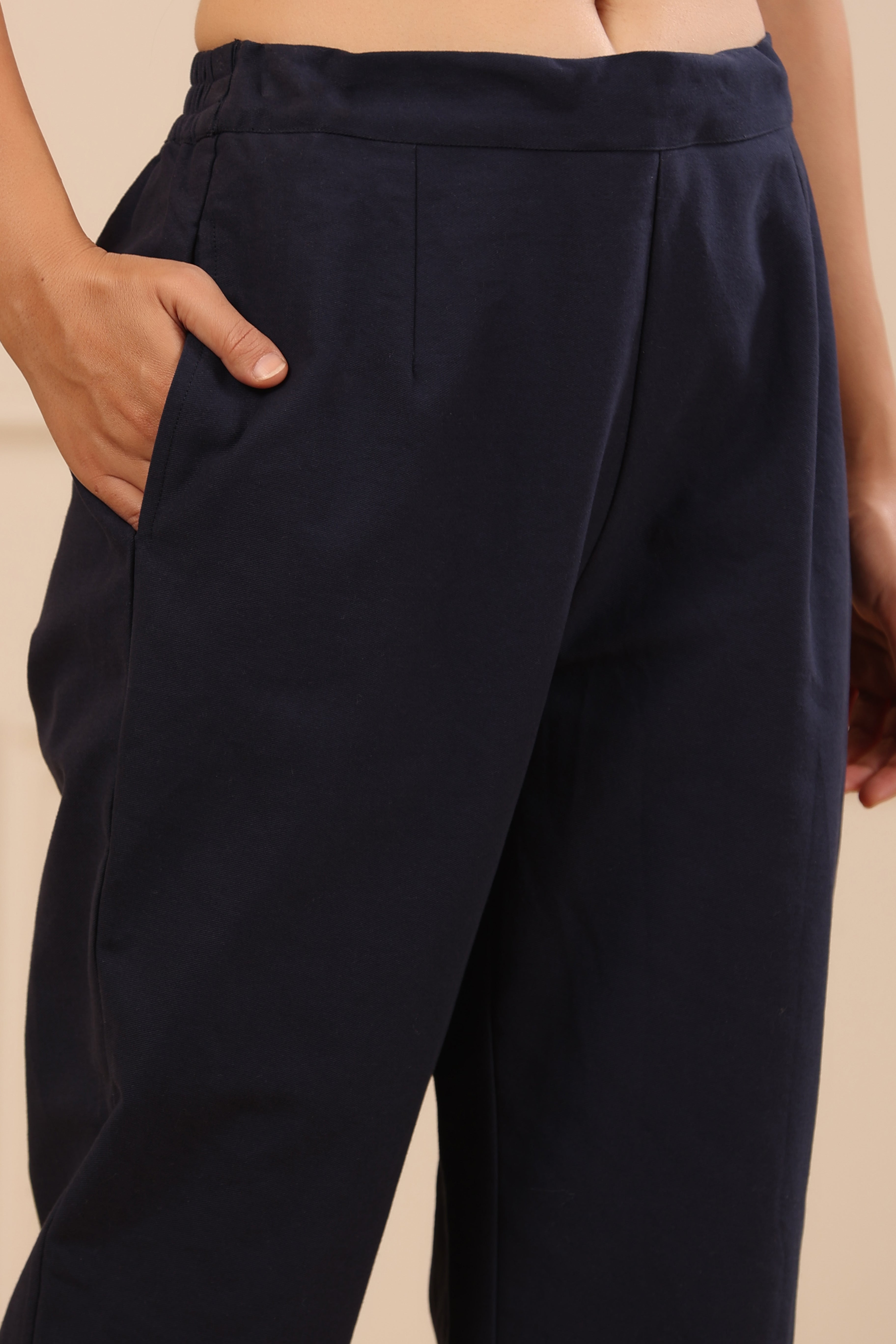Juniper Navy Blue Cotton Solid Slim Fit Pants With Partially Elasticated Waistband