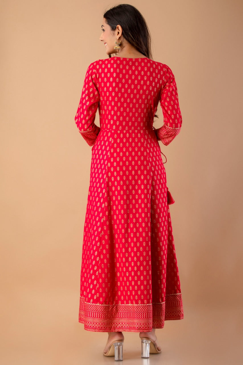 Juniper Fuchsia Rayon Festive Wear Foil Printed A-Line Long Dress