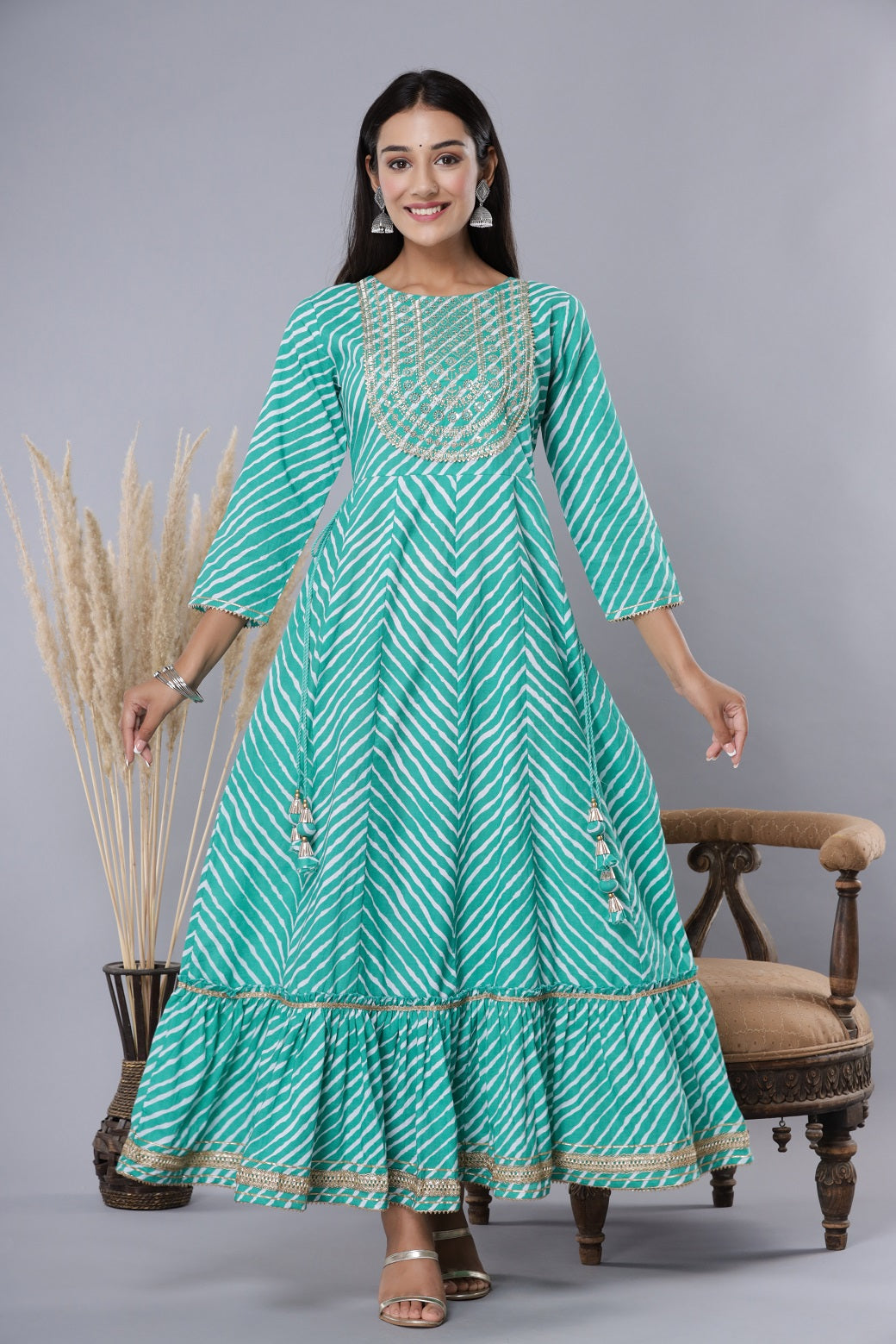 Juniper Green Cotton Leheriya Printed Anarkali Dress with Embroidered Yoke