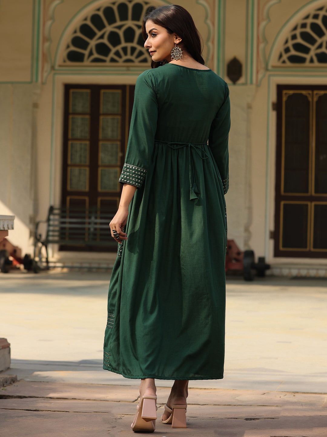 Juniper Women's Green Muslin embroidered dress