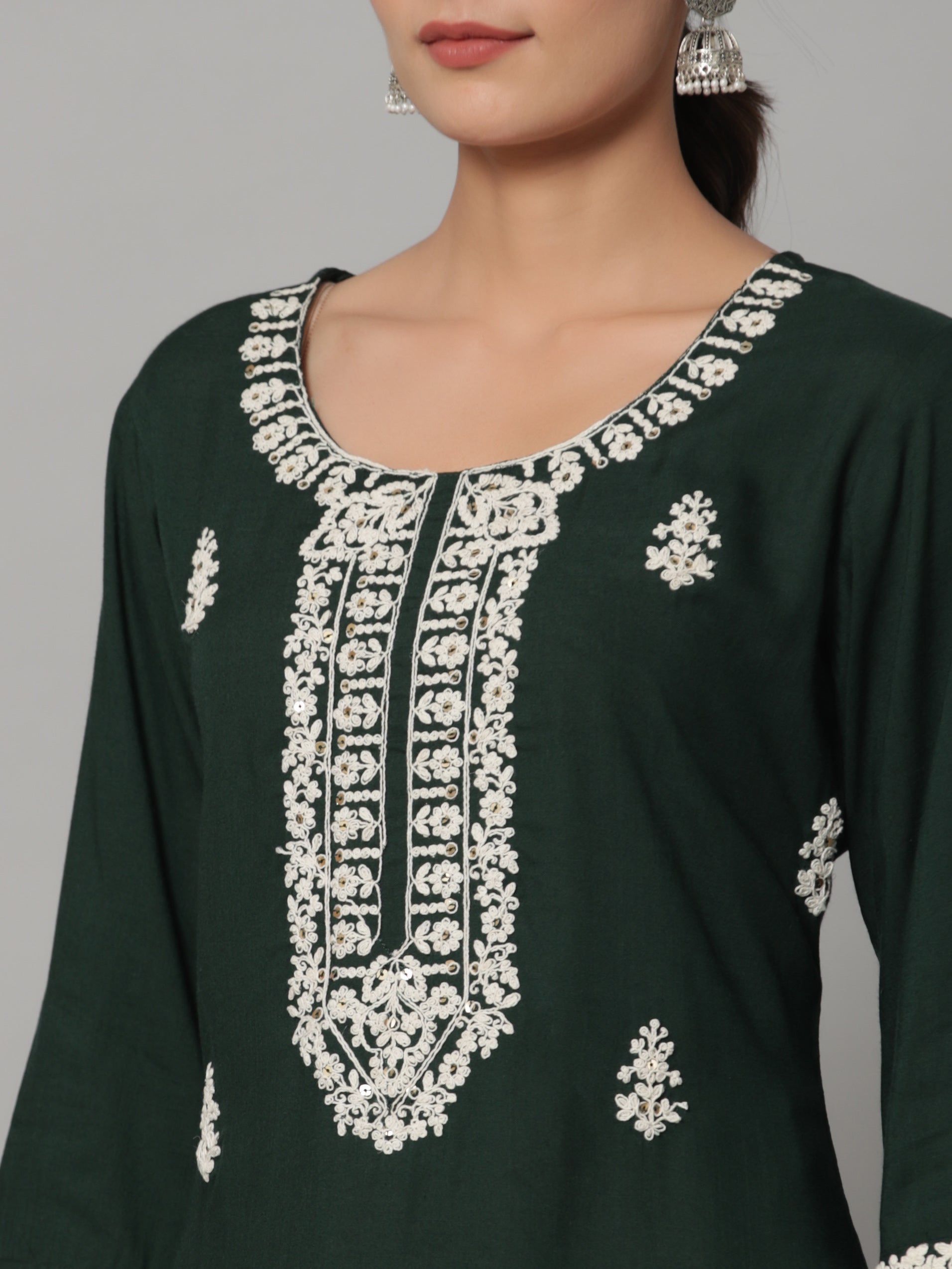 Juniper Green Embroidered Solid Straight Rayon Kurta Pant Dupatta Set
