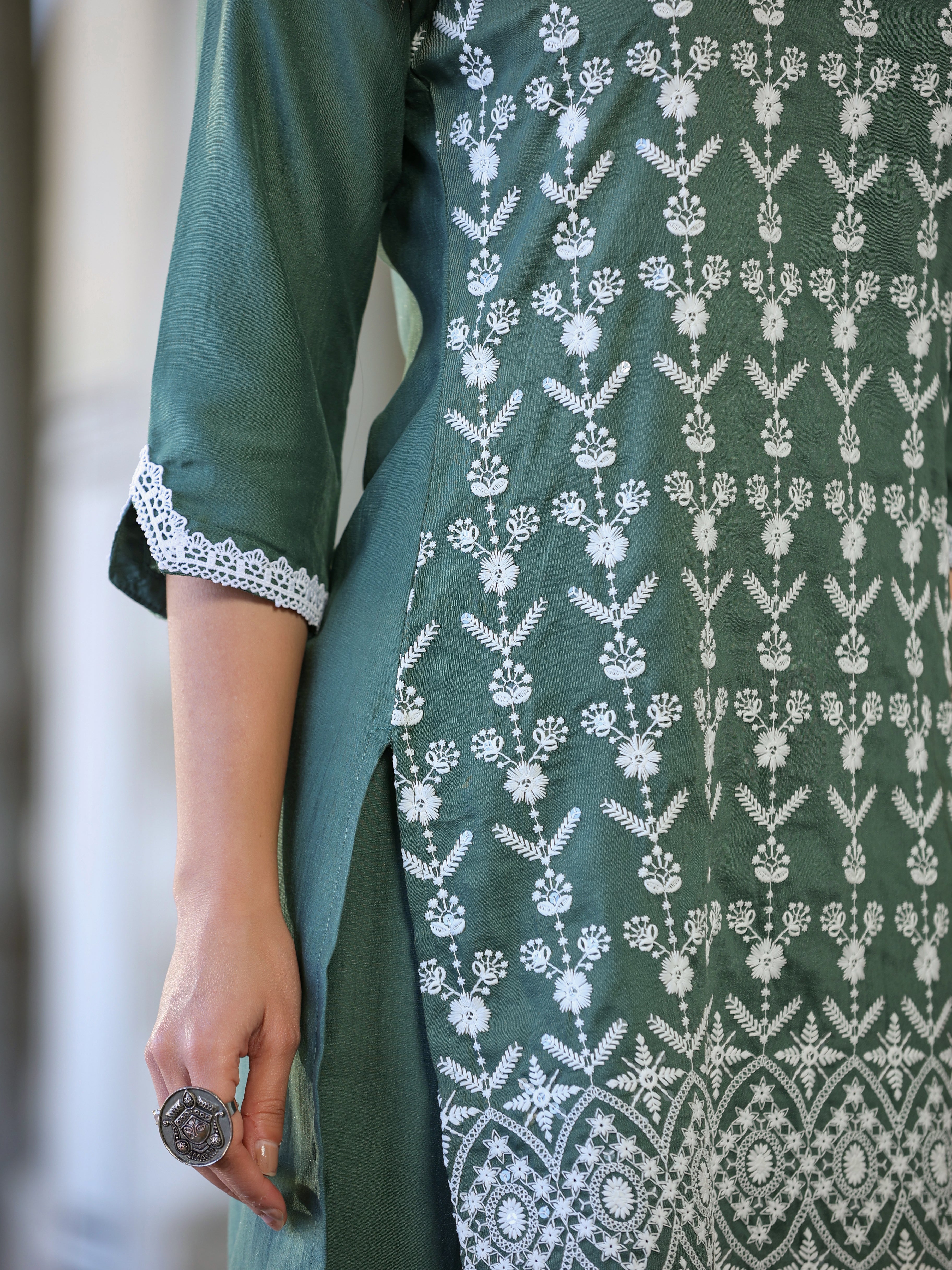 Juniper Women's Green Chinnon Embroidered Kurta & Gharara Set