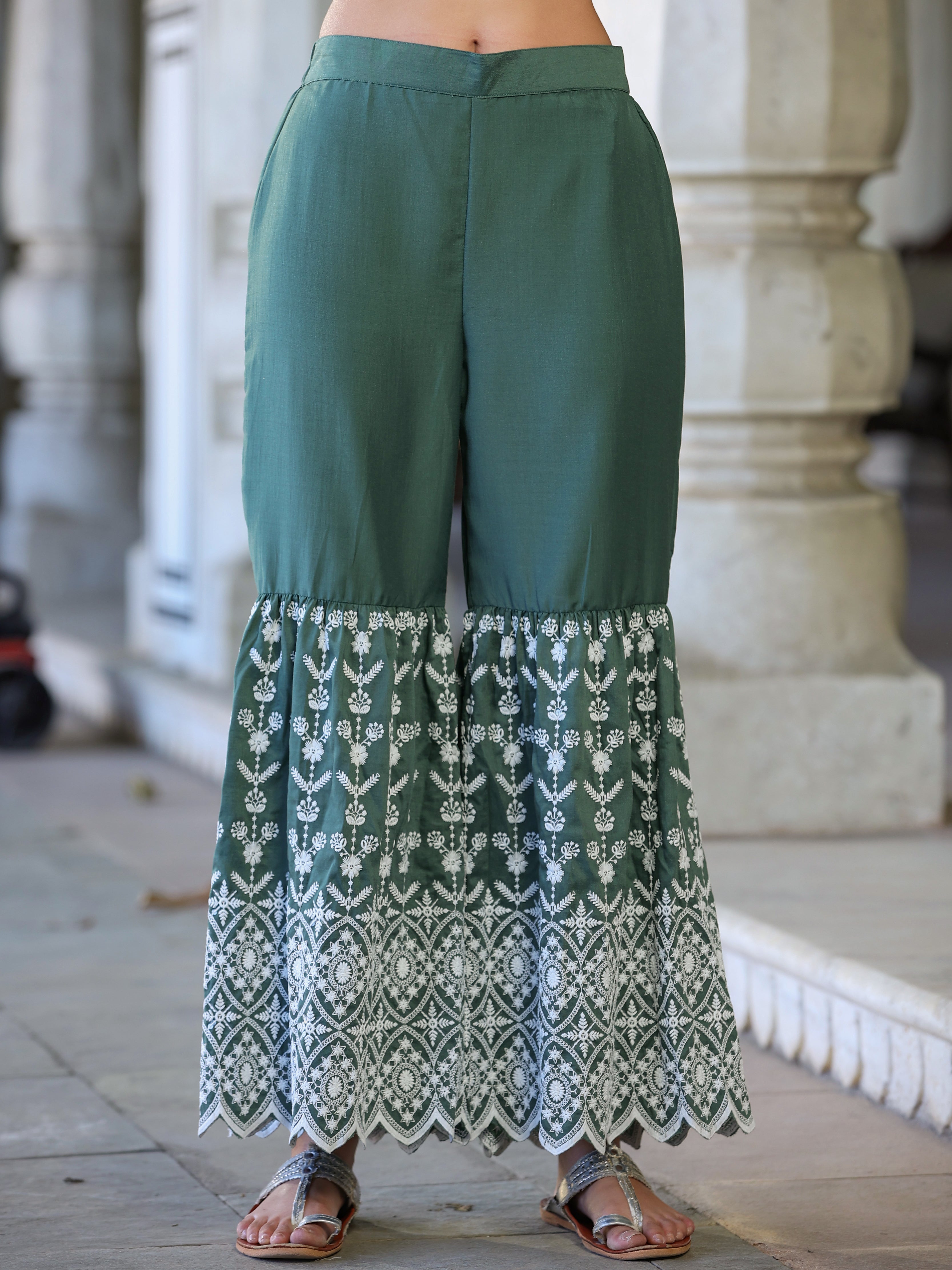 Juniper Women's Green Chinnon Embroidered Kurta & Gharara Set