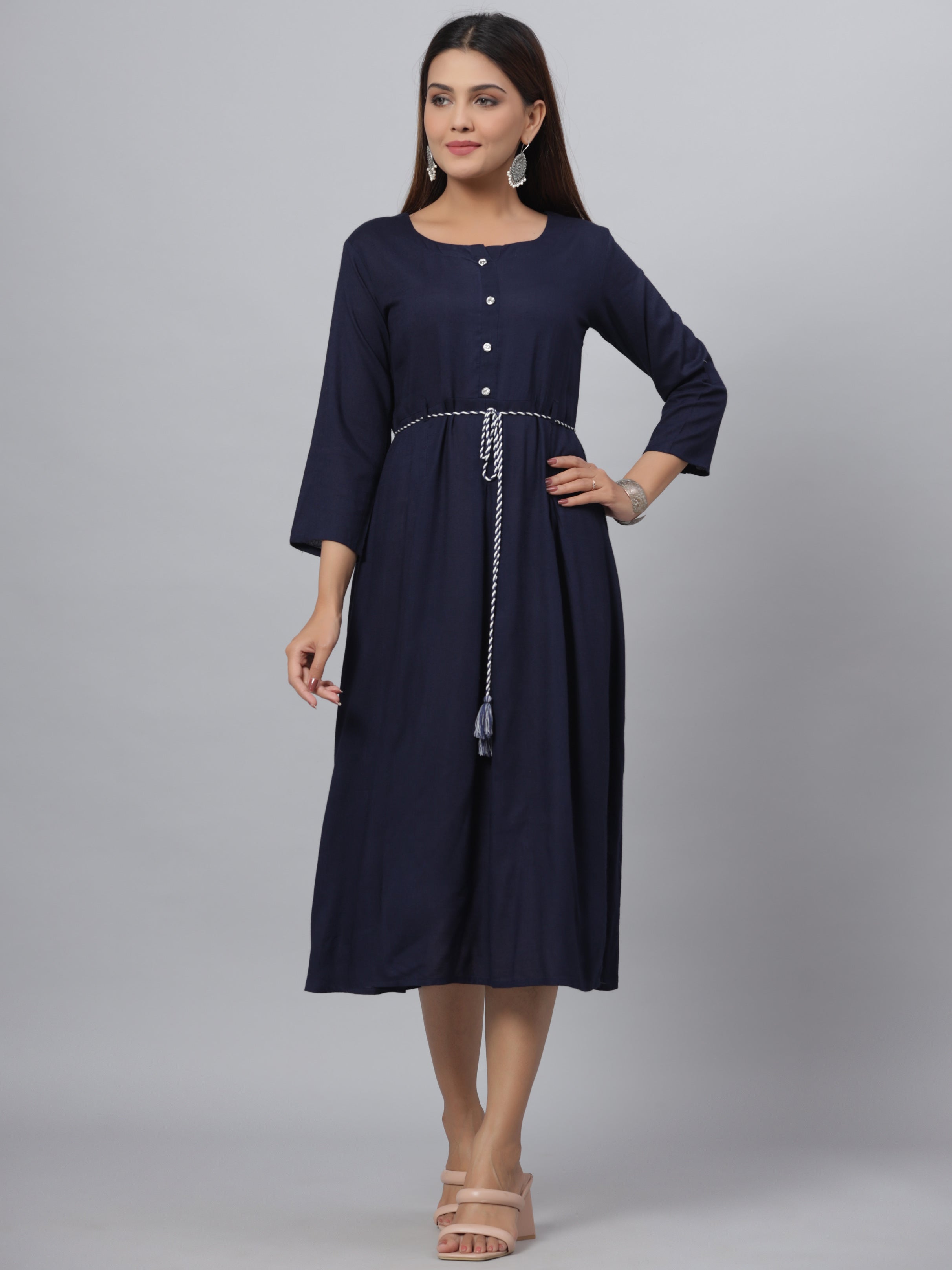 Juniper Women Navy Rayon Slub Solid Dress