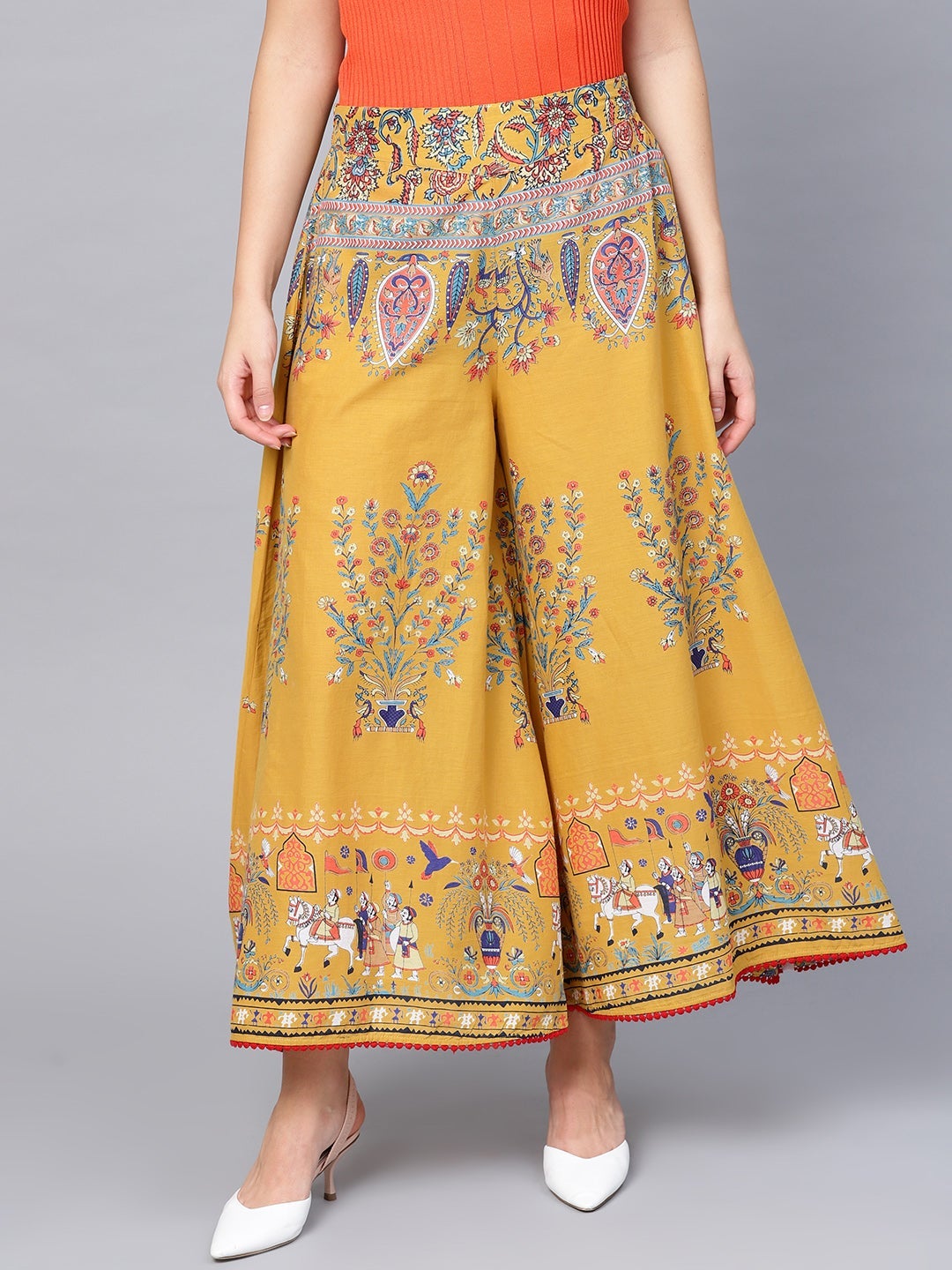 Juniper Mustard Ethnic Motif Printed Flared Cotton Women Palazzo With One Pocket
