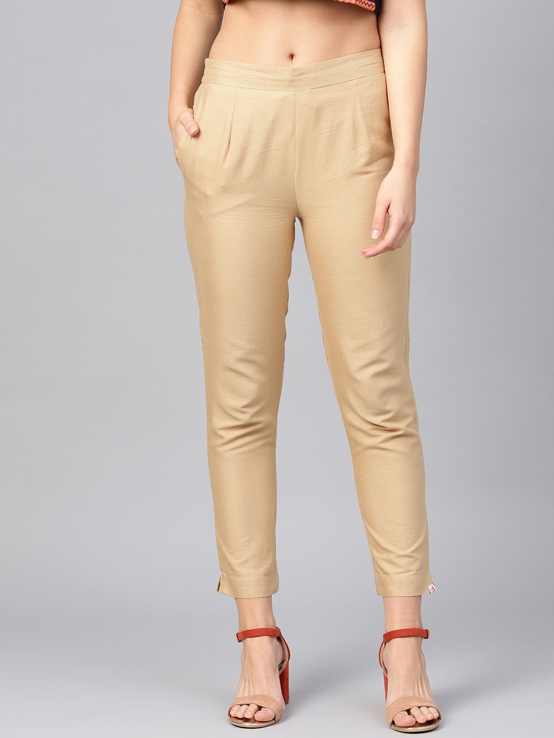 Juniper Gold Solid Cotton Flex Slim Fit Women Pants With Two Pockets