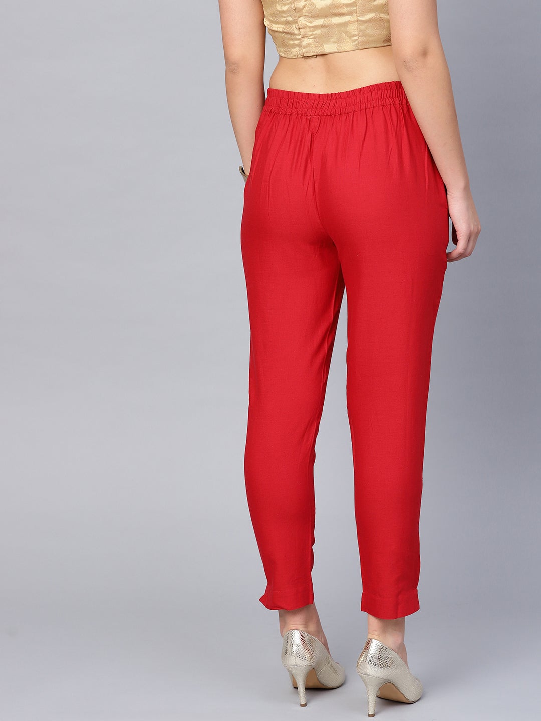 Juniper Red Solid Cotton Flex Slim Fit Women Pants With Two Pockets