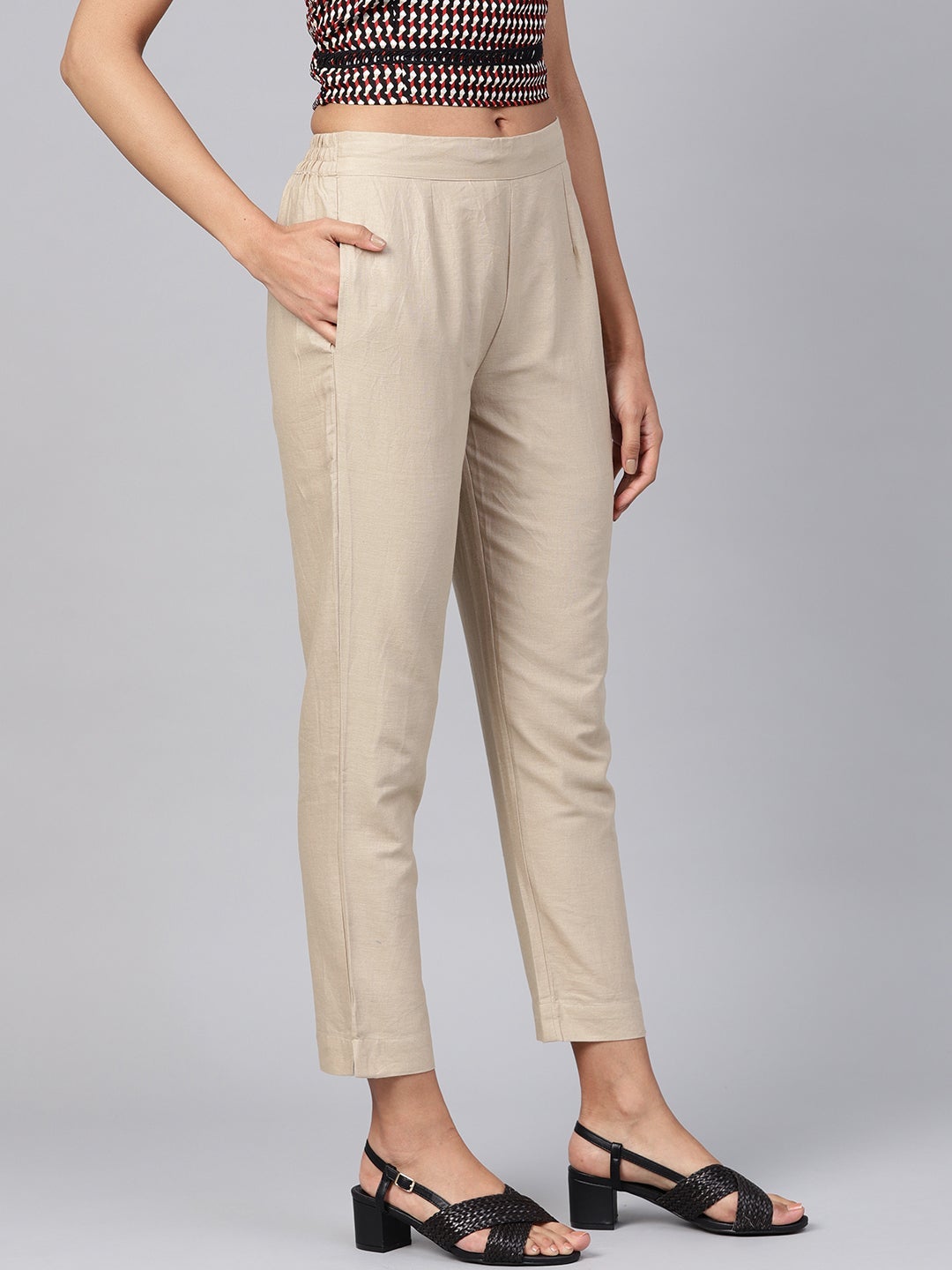 Juniper Sand Grey Solid Cotton Flex Slim Fit Women Pants With Two Pockets