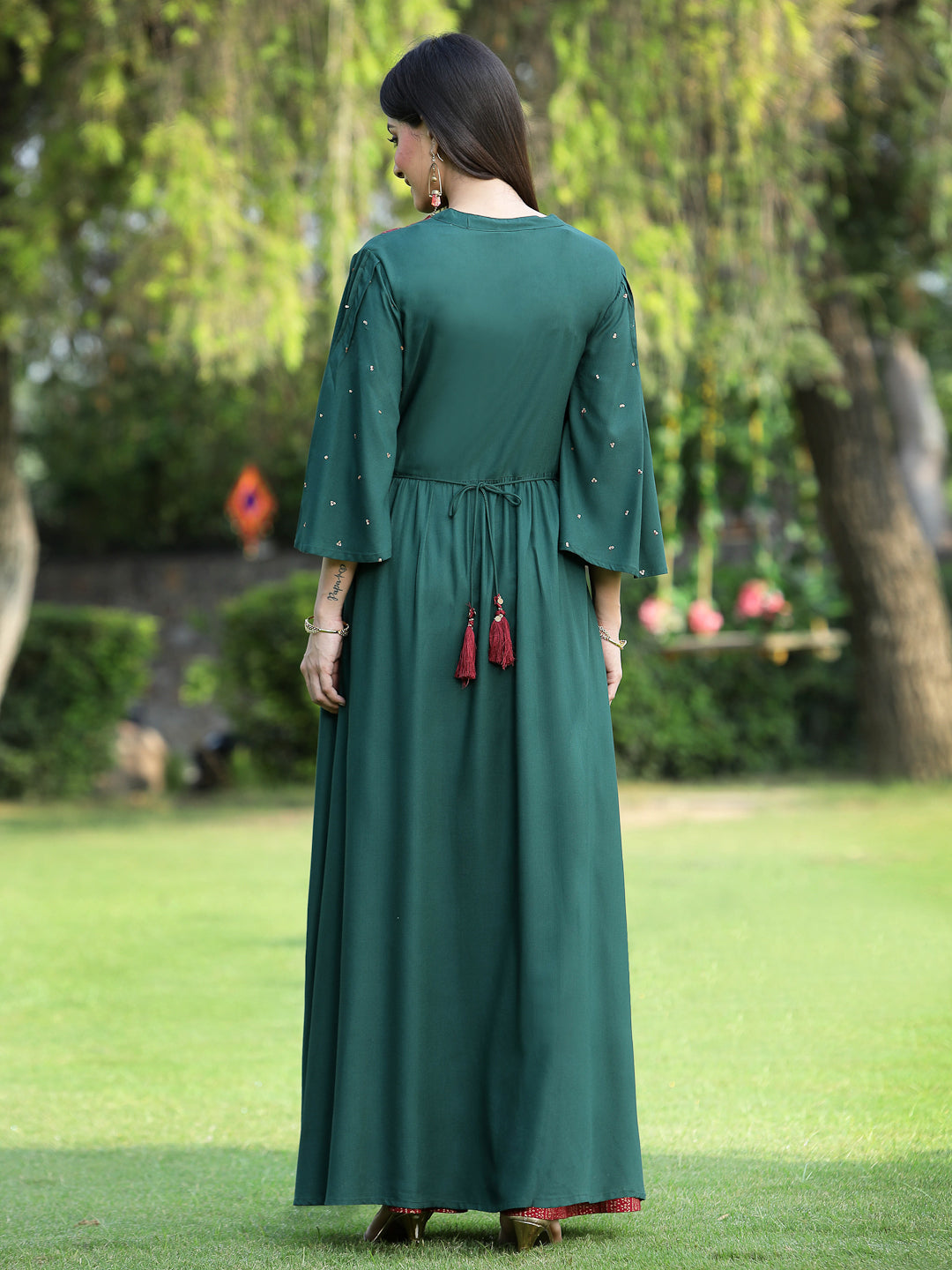Juniper Women's Jade Green Rayon Embroidered High-Slit Kurta & Palazzo Set