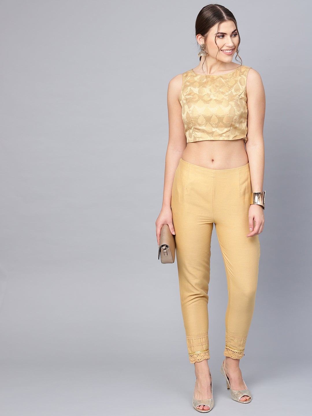 Buy Gold Cotton Flax Liva Women Trousers Online - Aurelia
