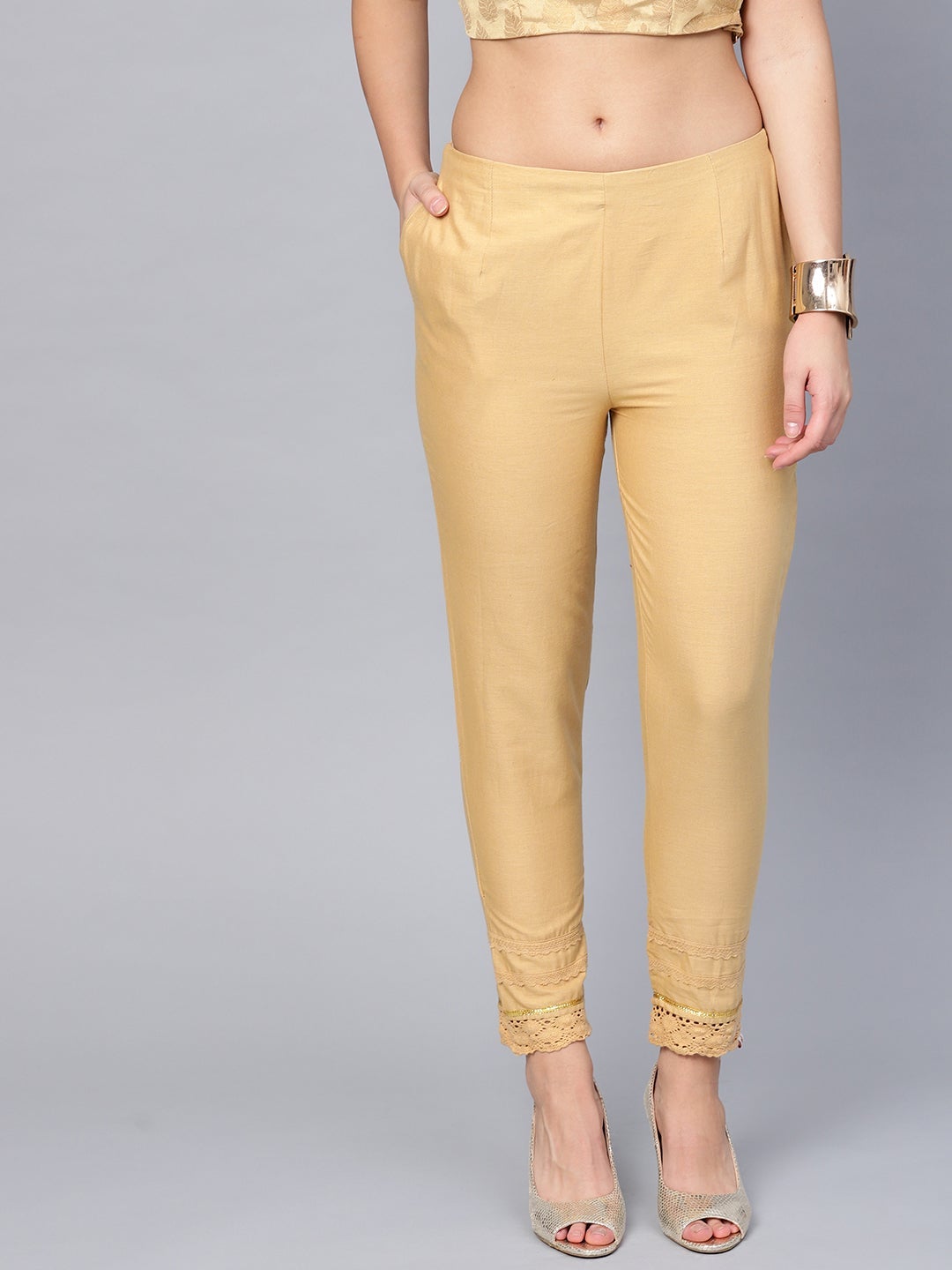 Juniper Gold Solid Cotton Flex Slim Fit Women Pants With One Pocket