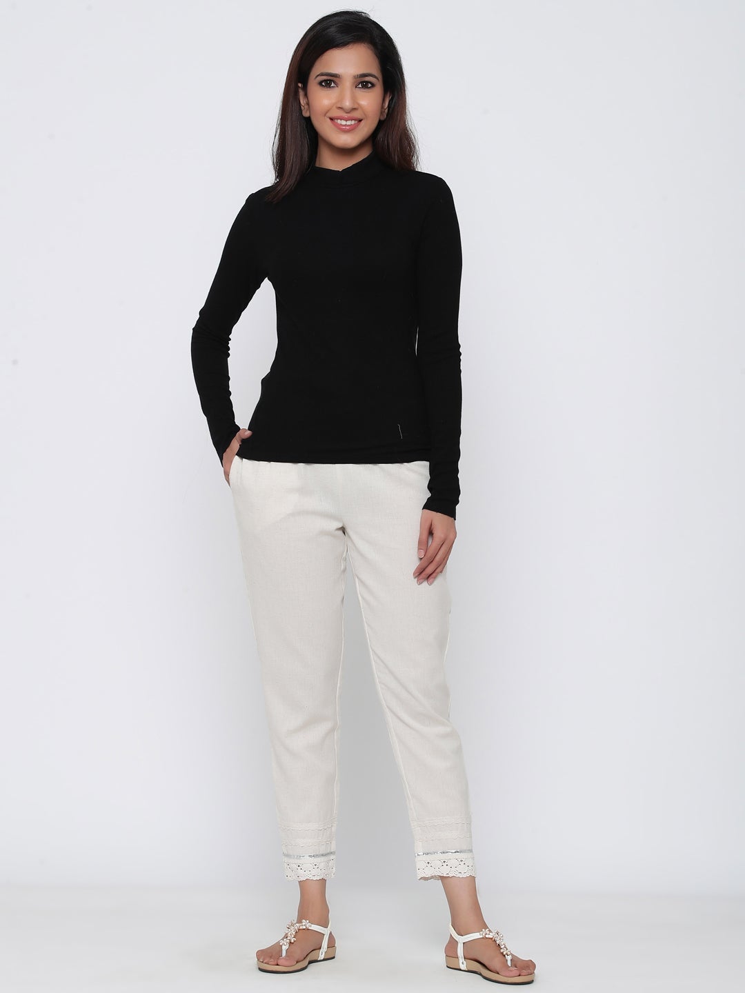 Off White Cotton Slim Fit Embroidered Cigarette Trousers For Women's -  Naari - 3107569