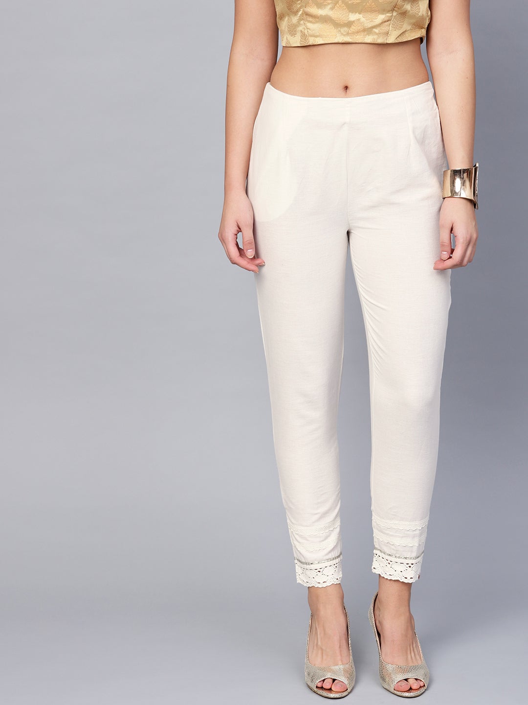 Juniper White Solid Cotton Flex Slim Fit Women Pants With One Pocket