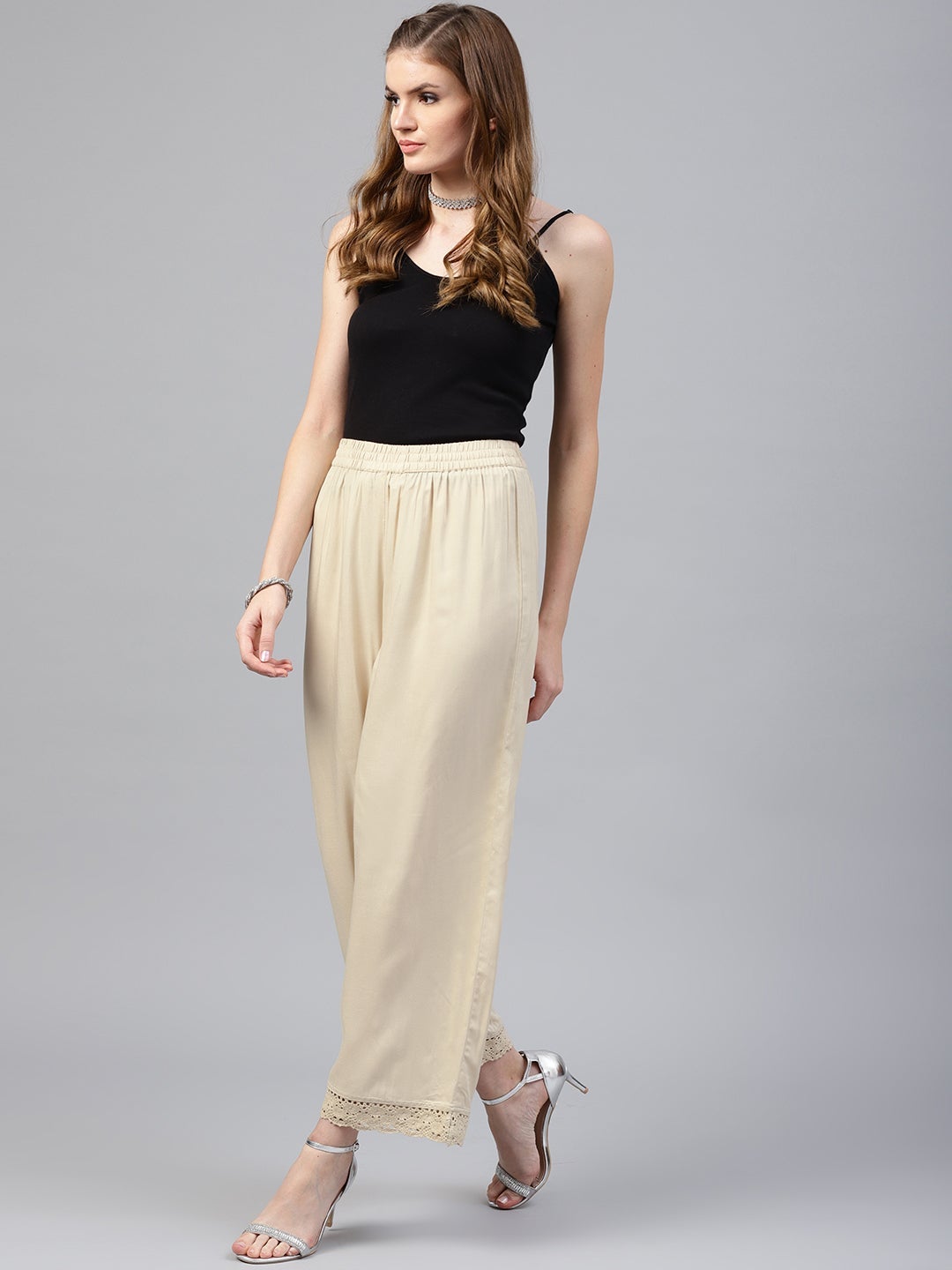 Juniper Beige Solid Rayon Wide Leg Women Palazzo With One Pocket