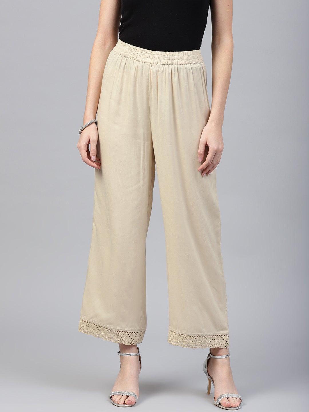 Juniper Beige Solid Rayon Wide Leg Women Palazzo With One Pocket