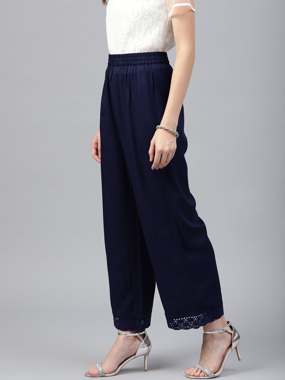 Juniper Navy Blue Solid Rayon Wide Leg Women Palazzo With One Pocket