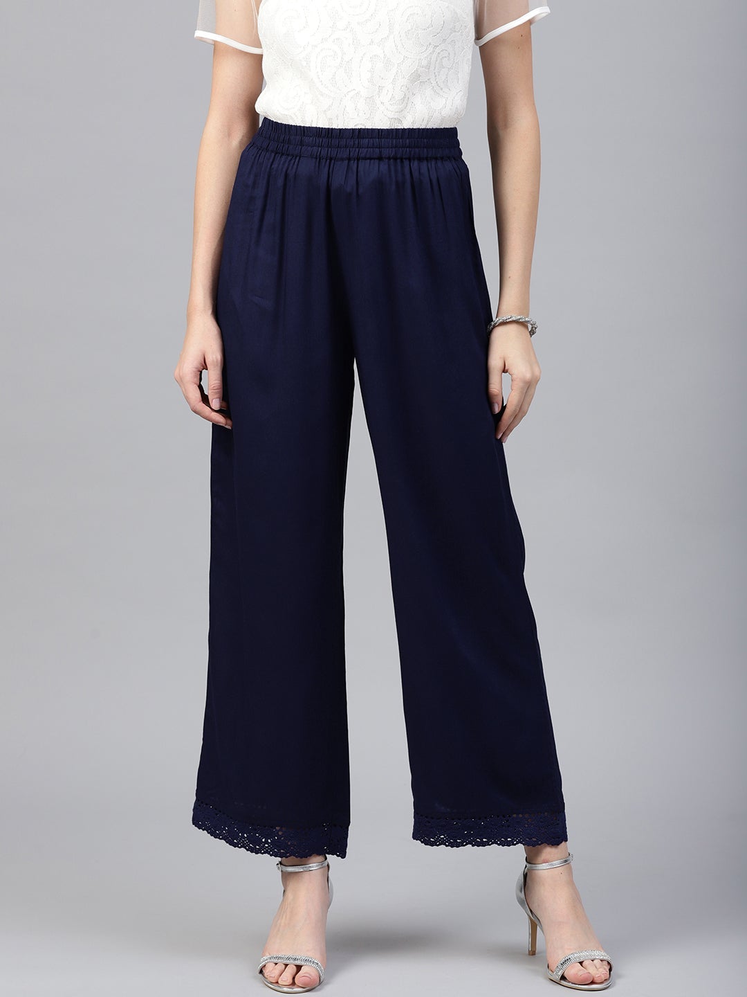 Juniper Navy Blue Solid Rayon Wide Leg Women Palazzo With One Pocket