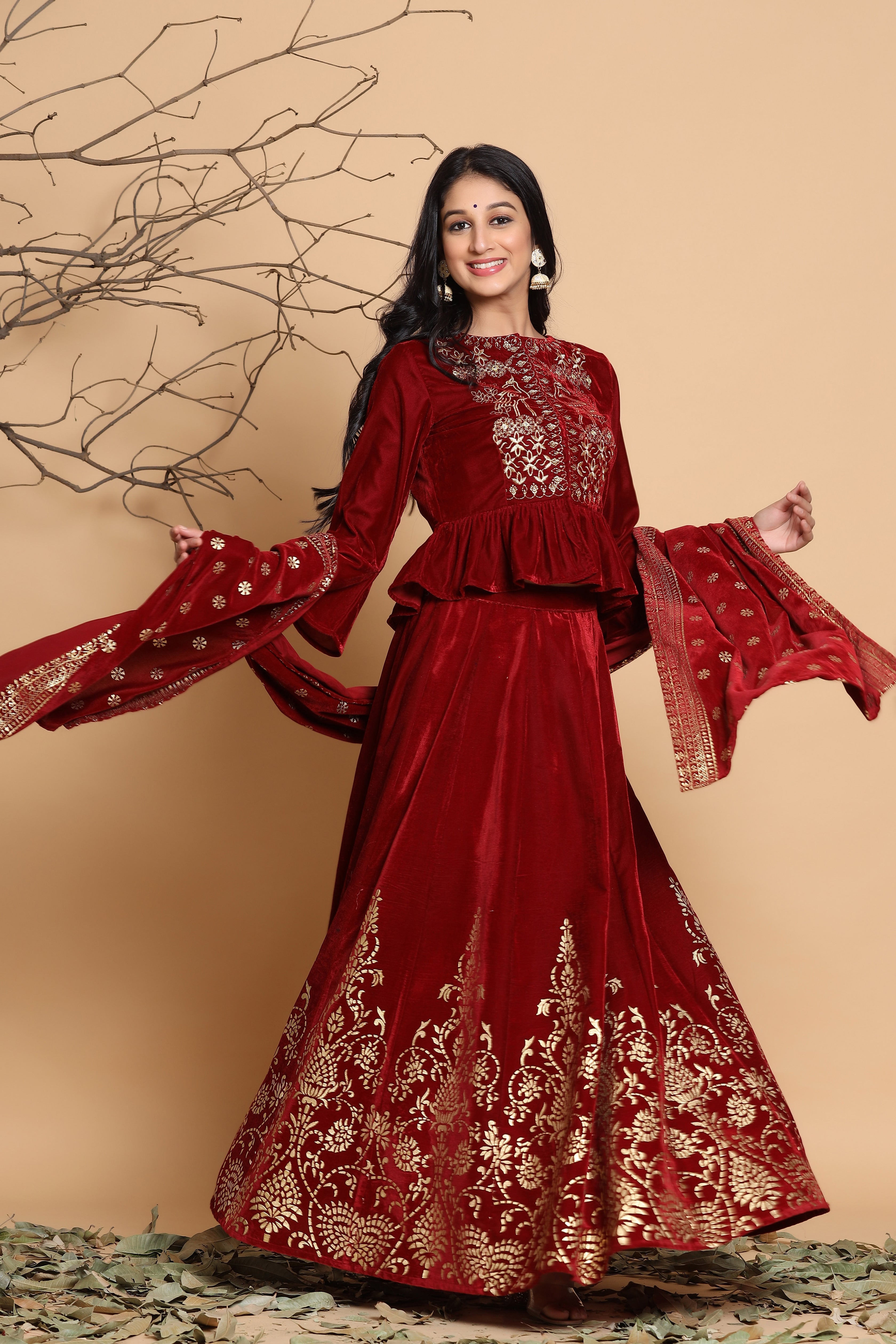 Buy Burgundy Red Georgette Lehenga Set with Sequins Choli & Moti  Embellished Chokar Dupatta