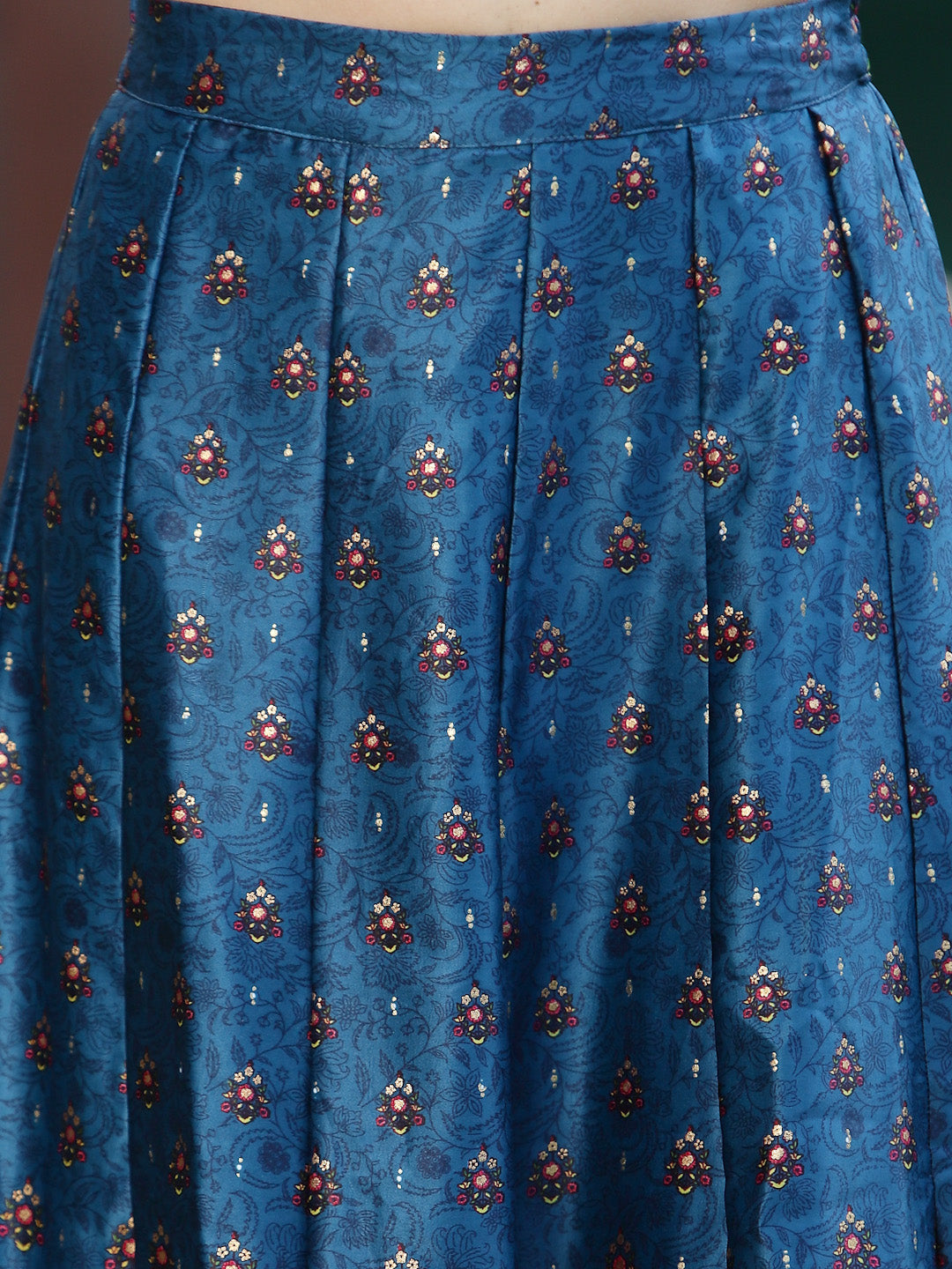 Juniper Women`s Teal Satin Embroidered & Printed Flared Lehenga Choli Sets