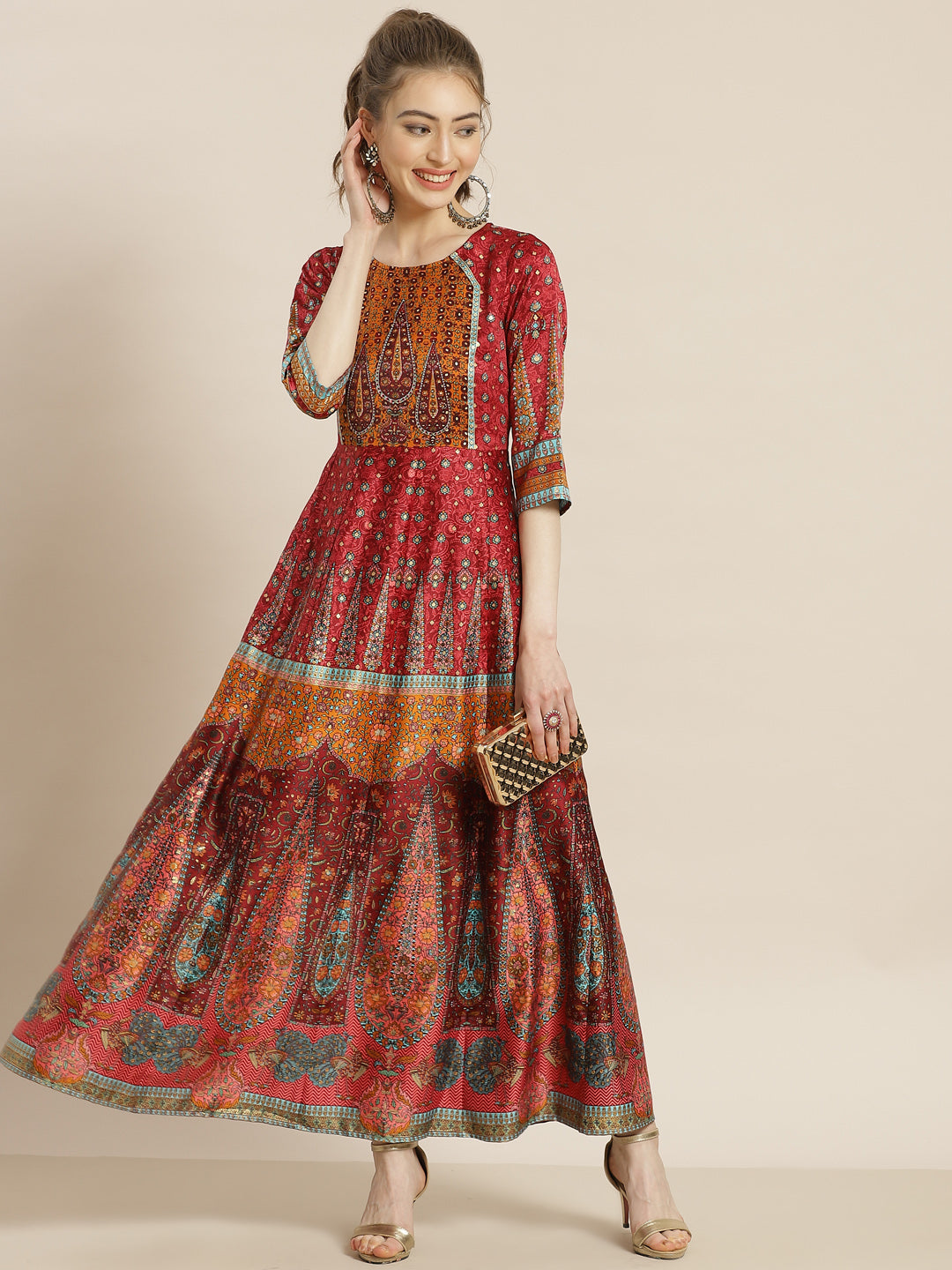 Juniper Maroon Ethnic Motif Printed Dull Satin Anarkali Dress With Buttons.