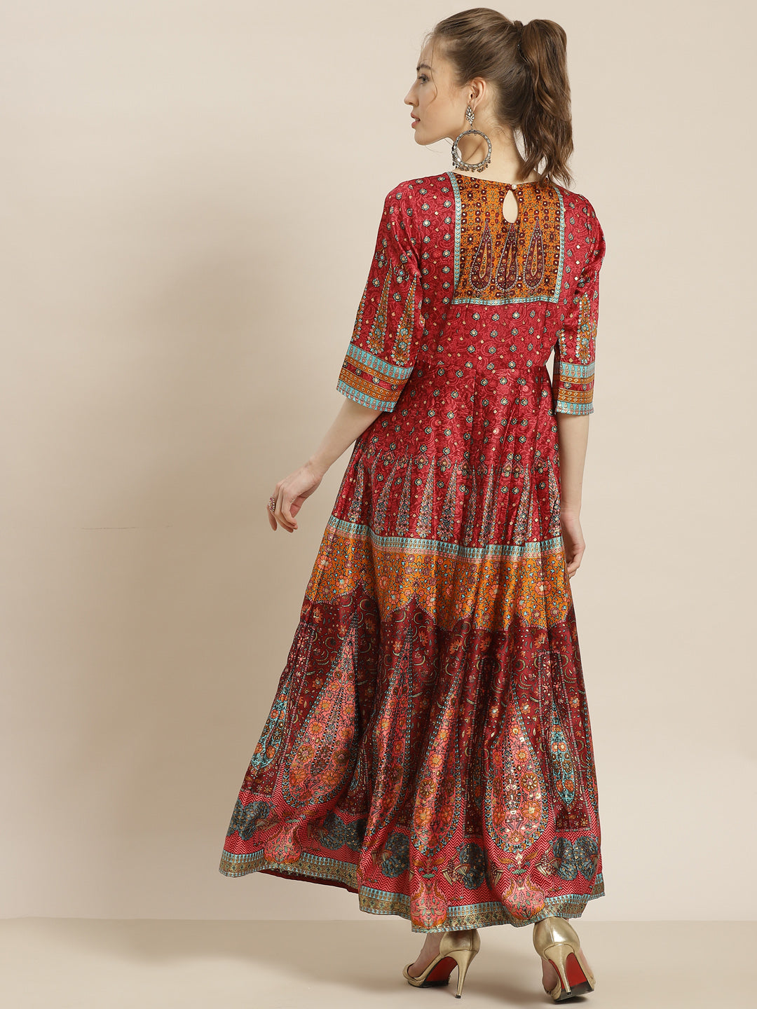 Juniper Maroon Dull Satin Printed Anarkali Dress