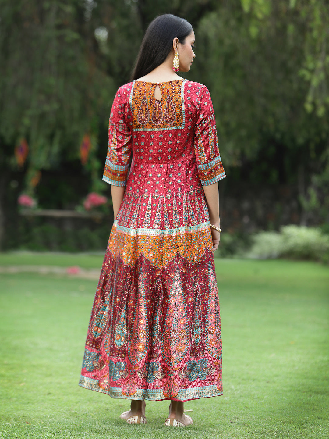 Juniper Maroon Ethnic Motif Printed Dull Satin Anarkali Dress With Buttons.