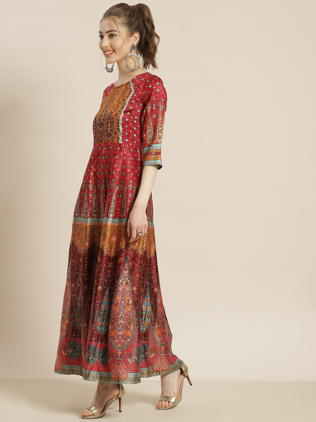 Juniper Maroon Dull Satin Printed Anarkali Dress