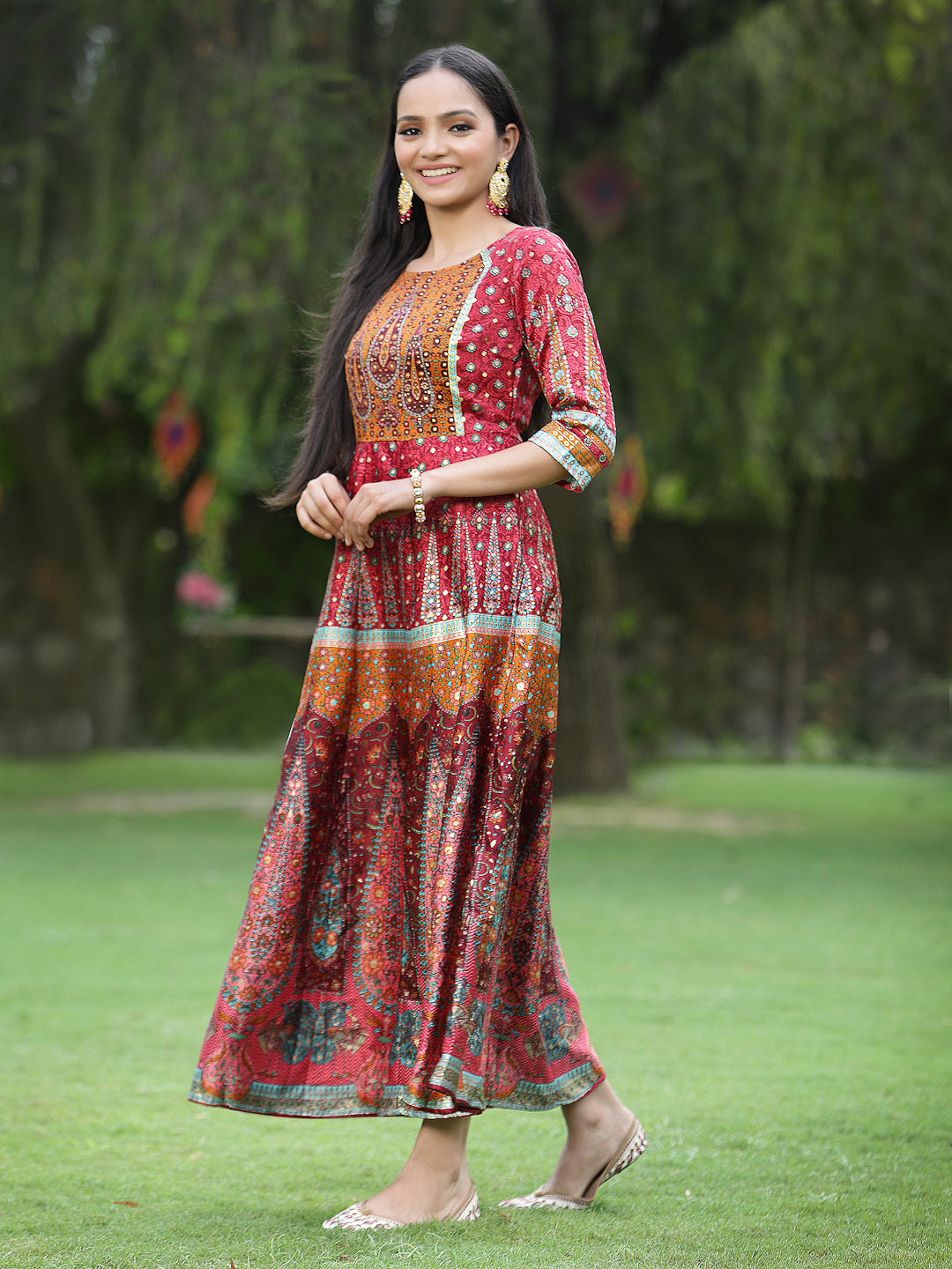 Juniper Women`s Maroon Dull Satin Printed Anarkali Dress