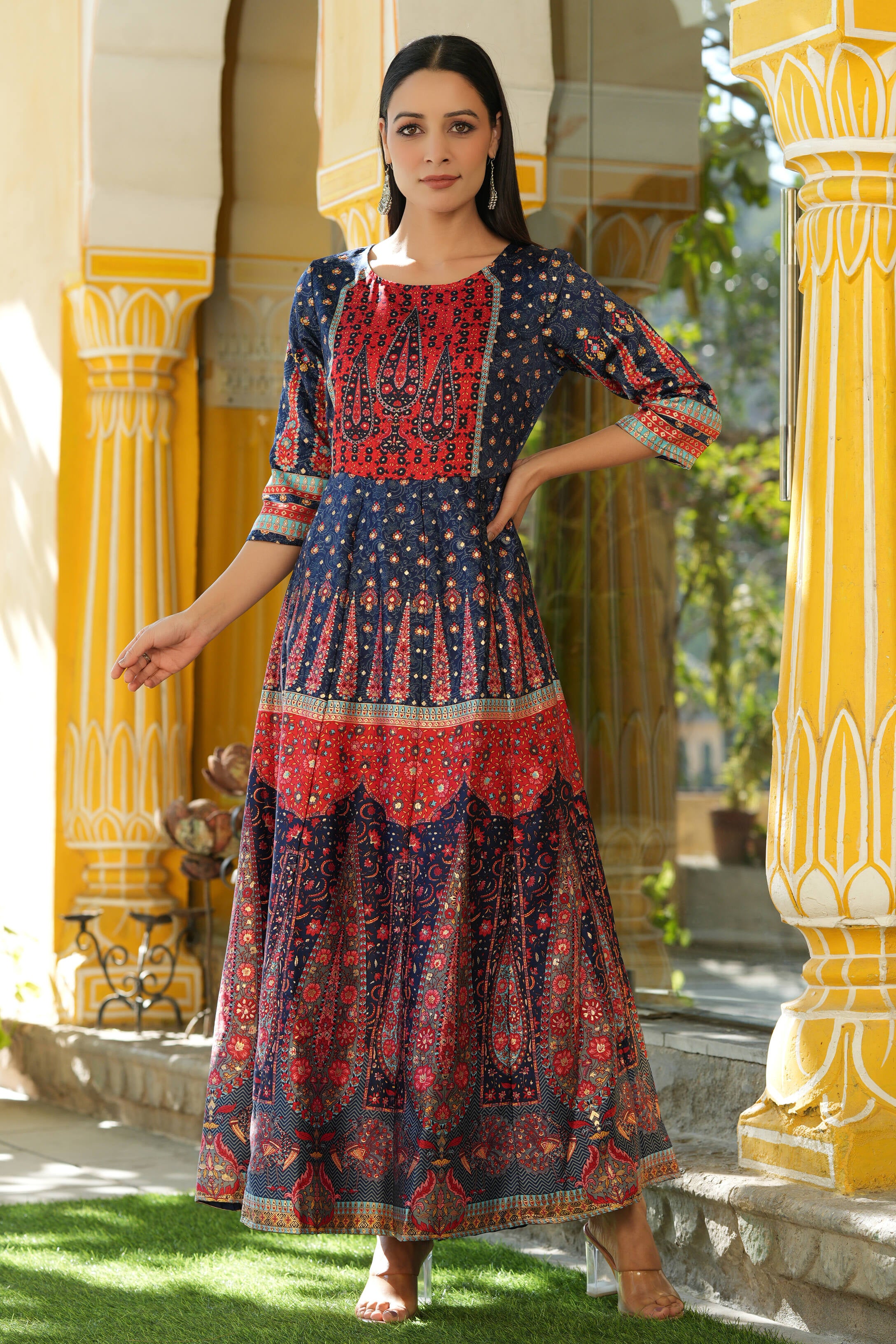 Juniper Navyblue Dull Satin Printed Anarkali Dress