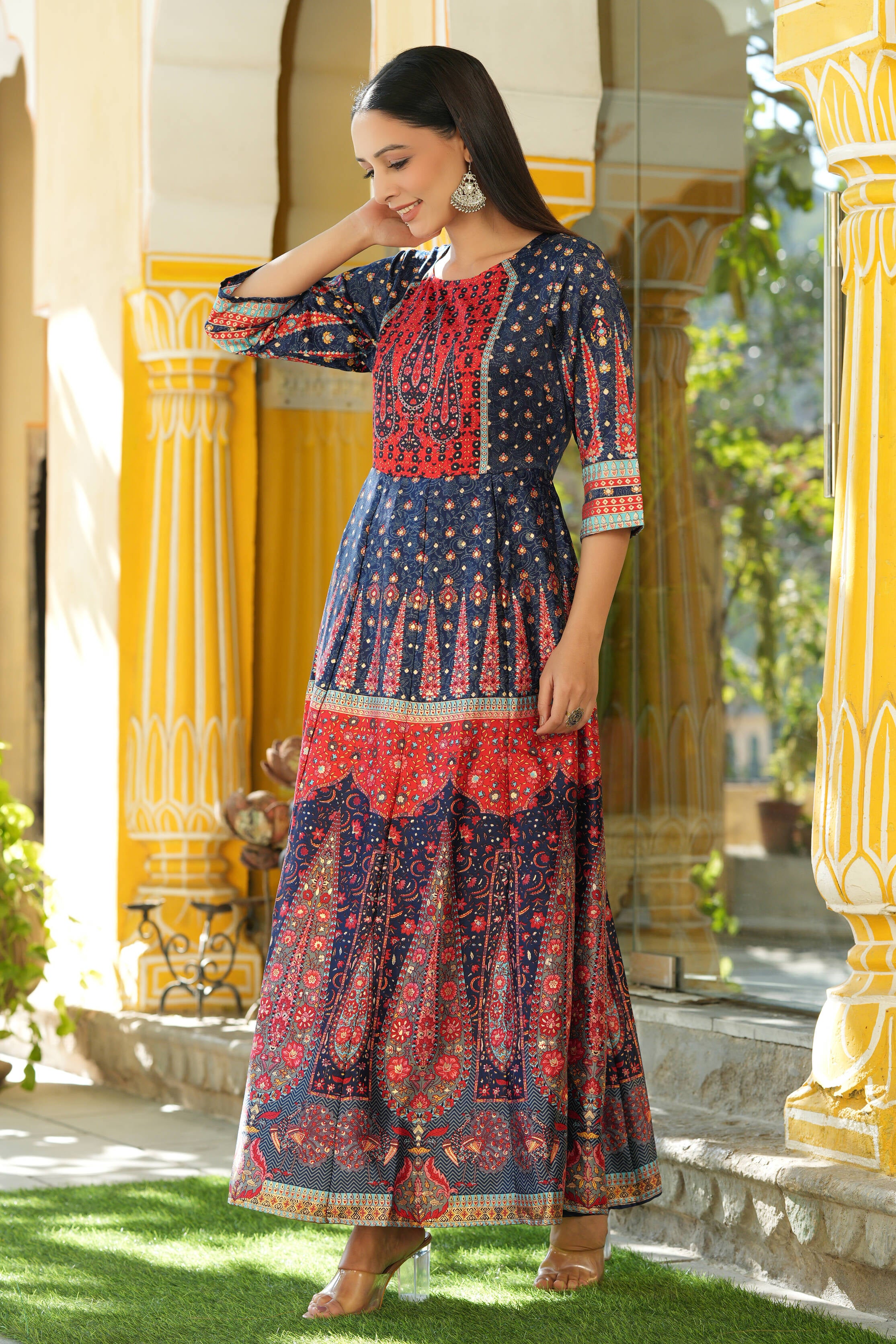 Juniper Navyblue Dull Satin Printed Anarkali Dress