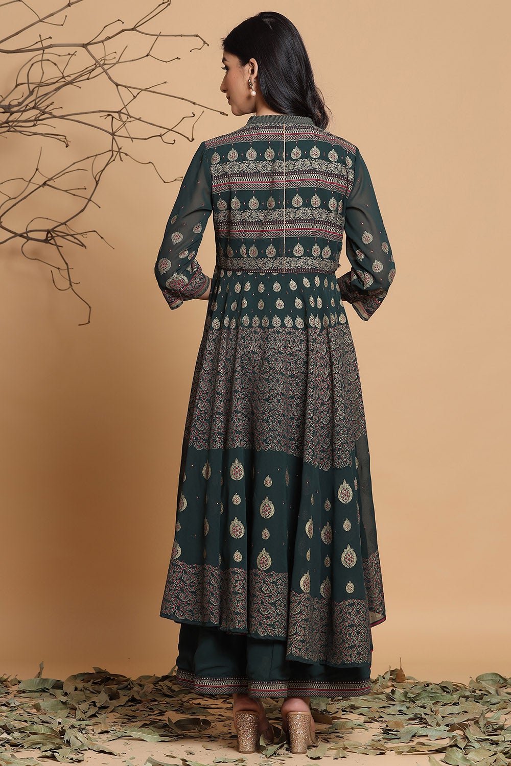 Juniper Jadegreen Georgette Printed Layered Kurta Dress