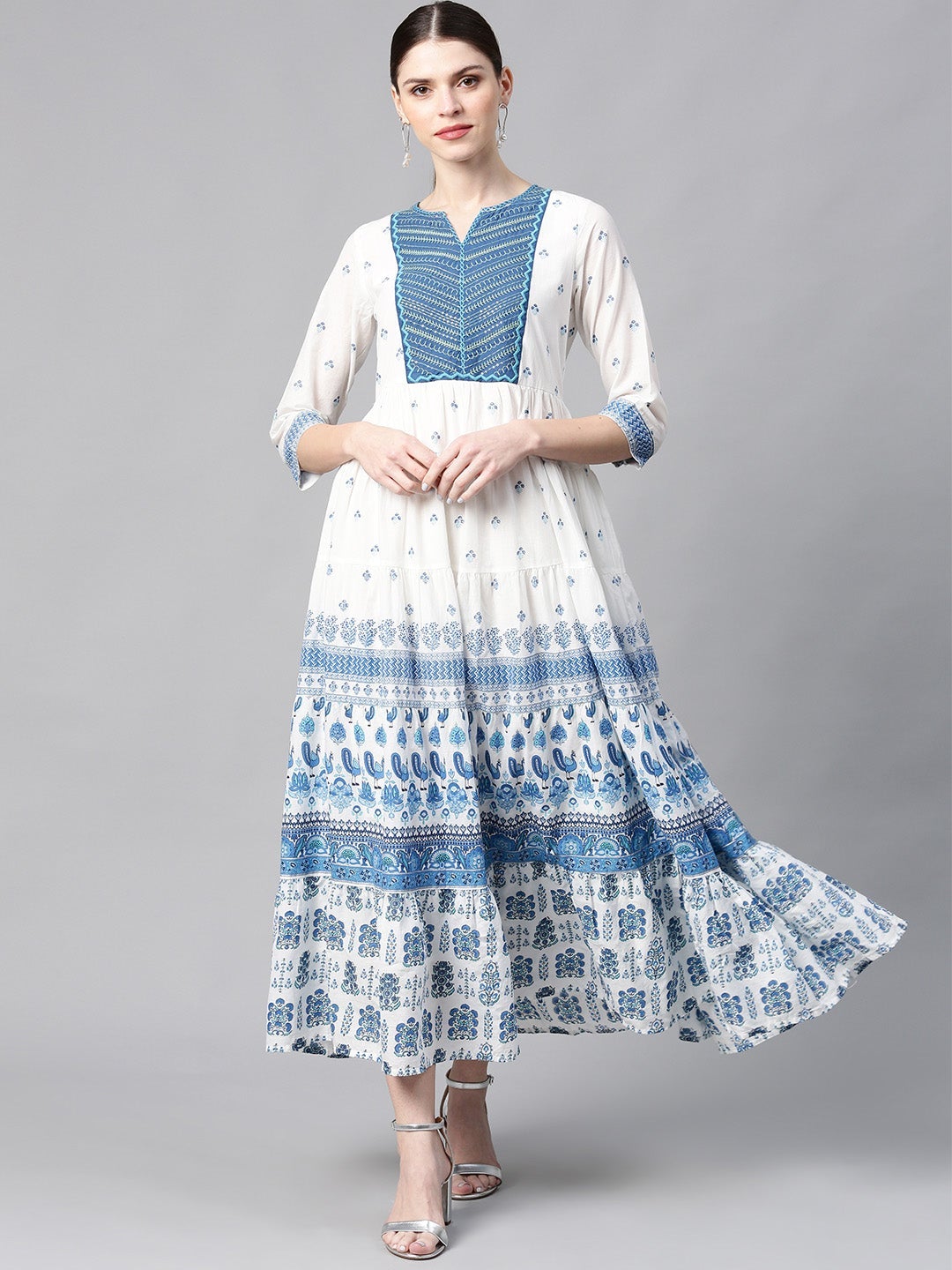Blue Cotton Printed Tiered Dress