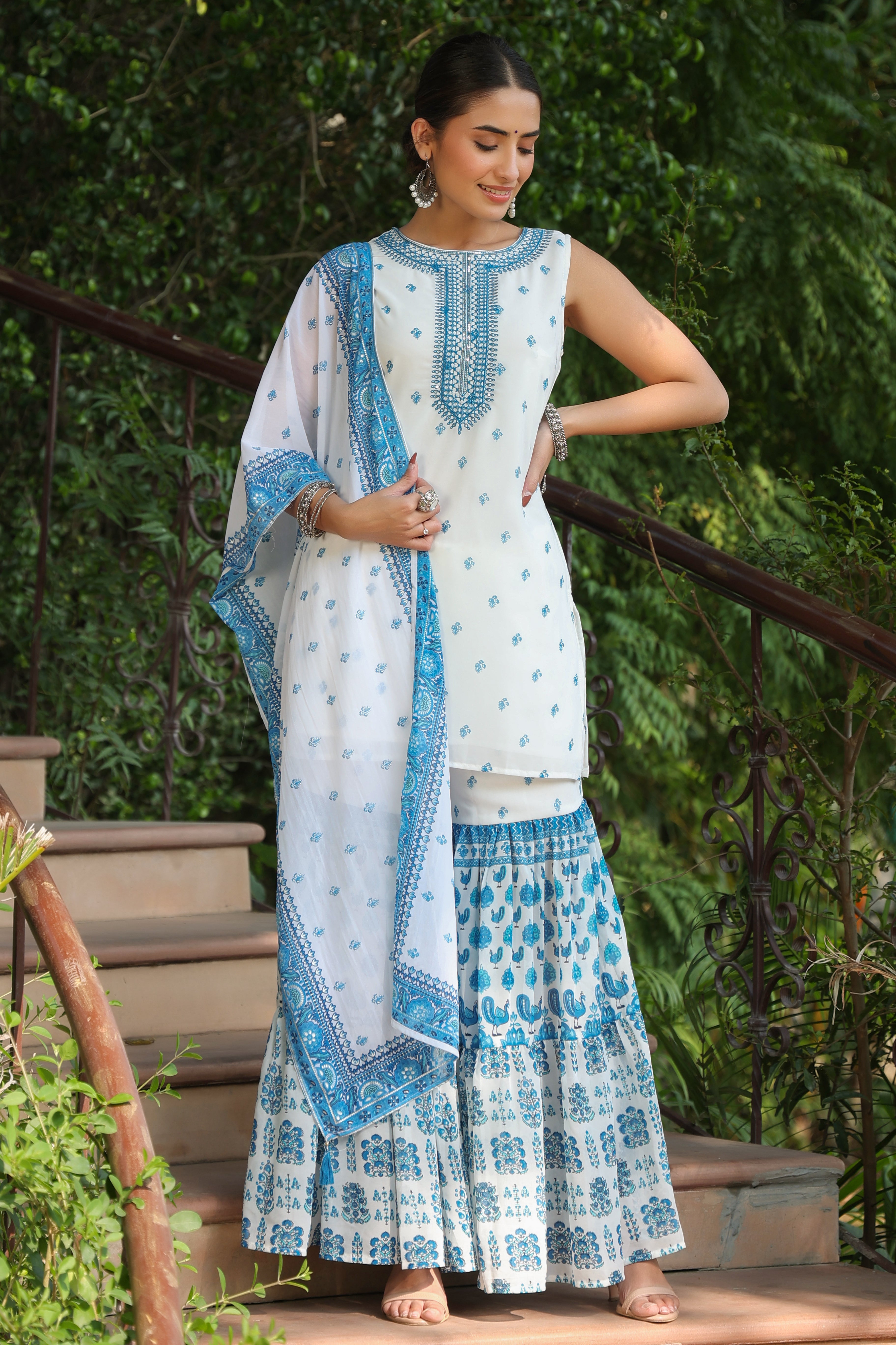 Juniper Blue Ethnic Motif Printed Georgette Kurta Sharara & Dupatta Set With Thread Work Embroidery