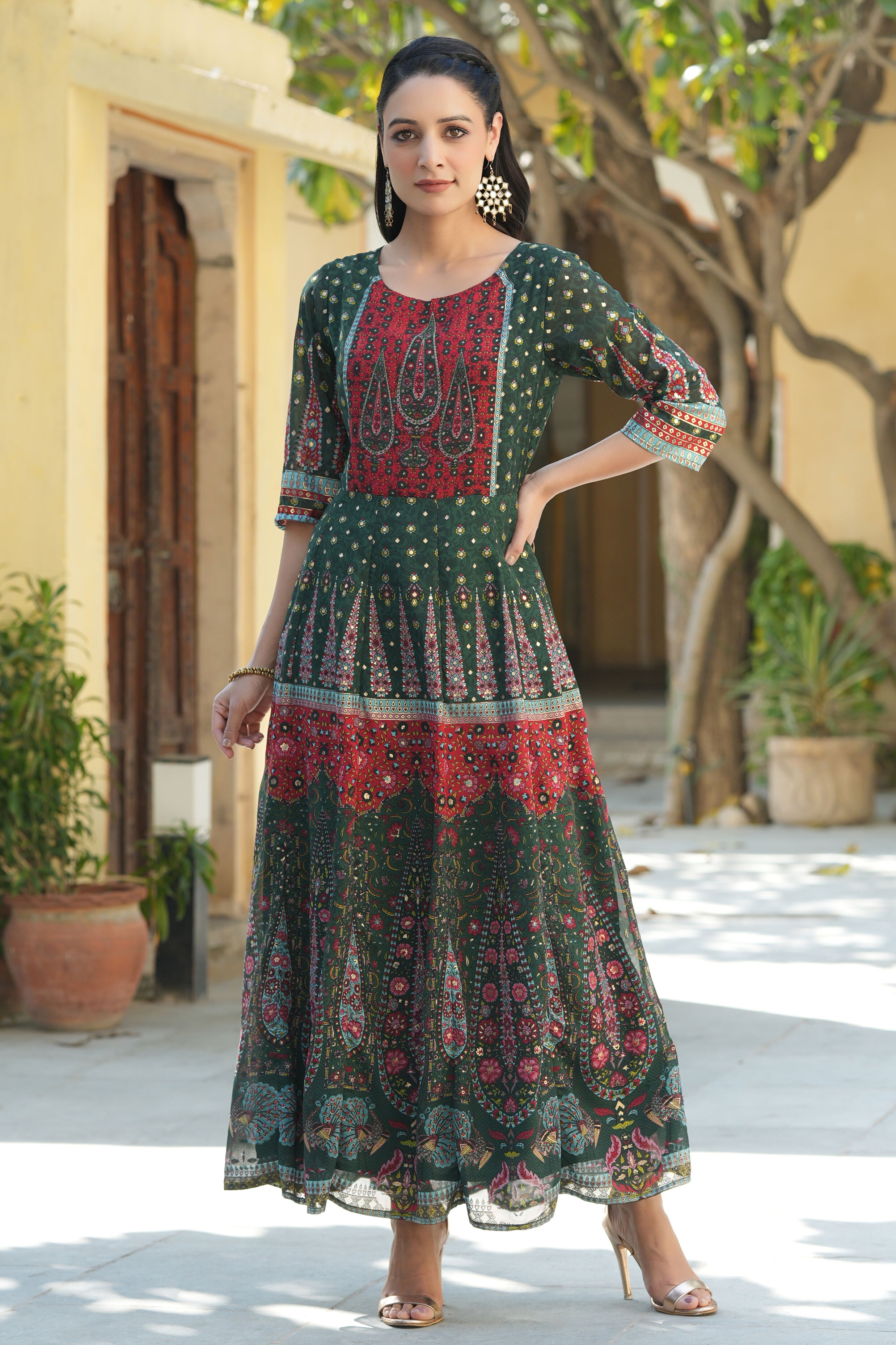 Juniper Jadegreen Georgette Printed Anarkali Dress