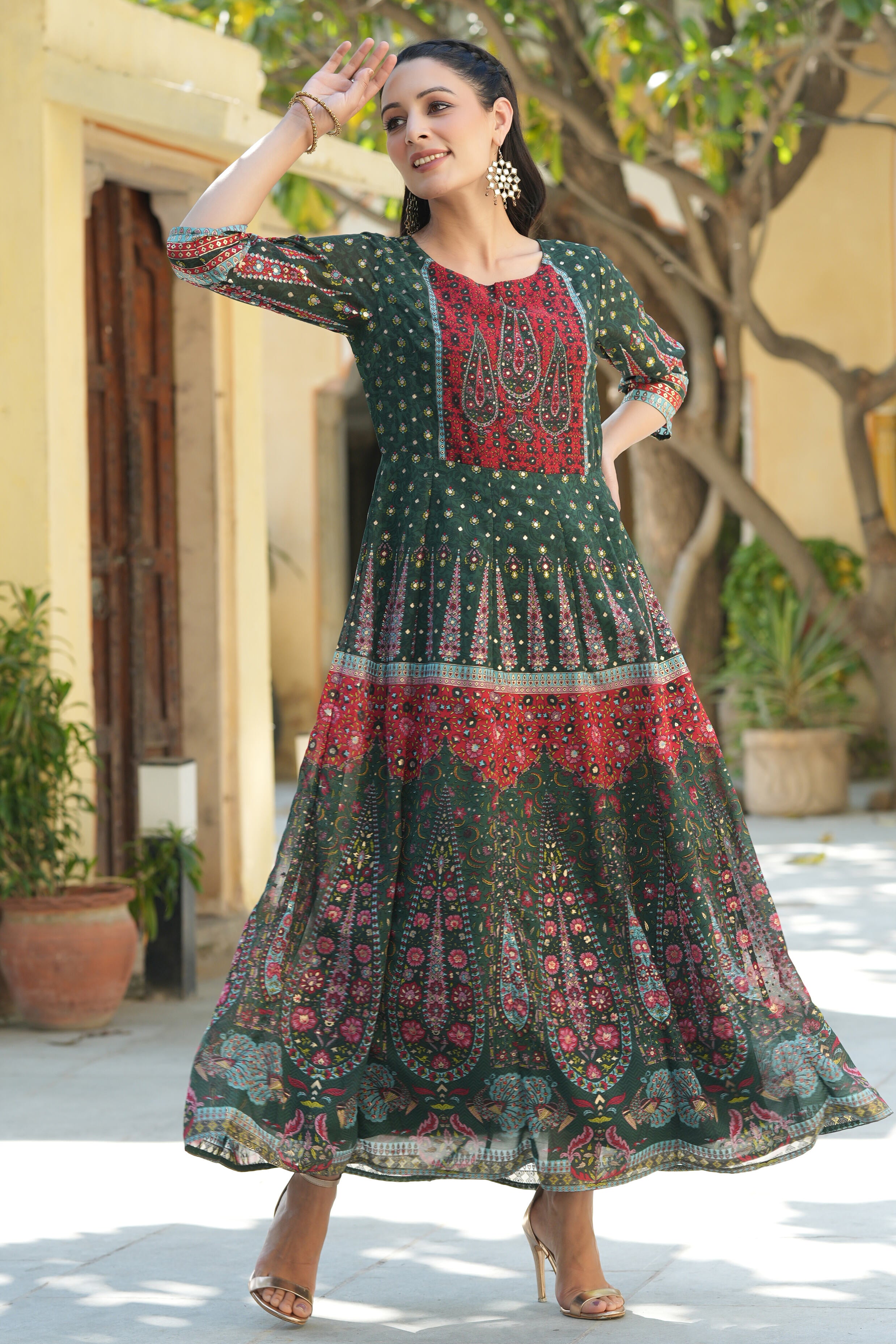 Juniper Jadegreen Georgette Printed Anarkali Dress