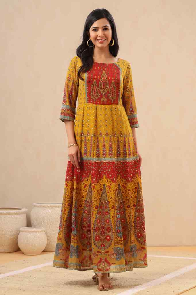 Juniper Mustard Georgette Printed Anarkali Dress
