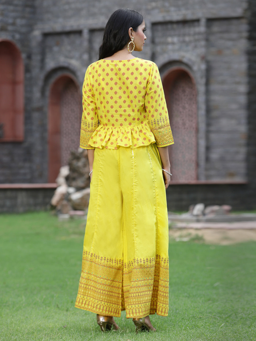 Juniper Women's Yellow Cambric Printed Peplum Crop-Top With Palazzo