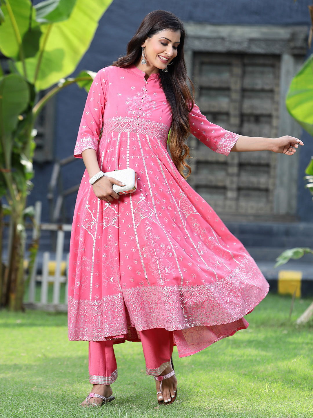 Juniper Coral Ethnic Motif Printed Georgette Anarkali Kurta & Palazzo Set With Buttons
