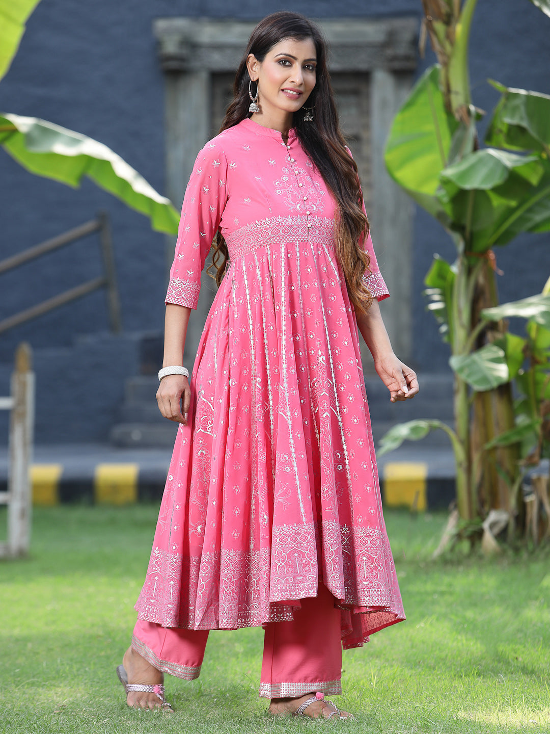 Juniper Coral Ethnic Motif Printed Georgette Anarkali Kurta & Palazzo Set With Buttons