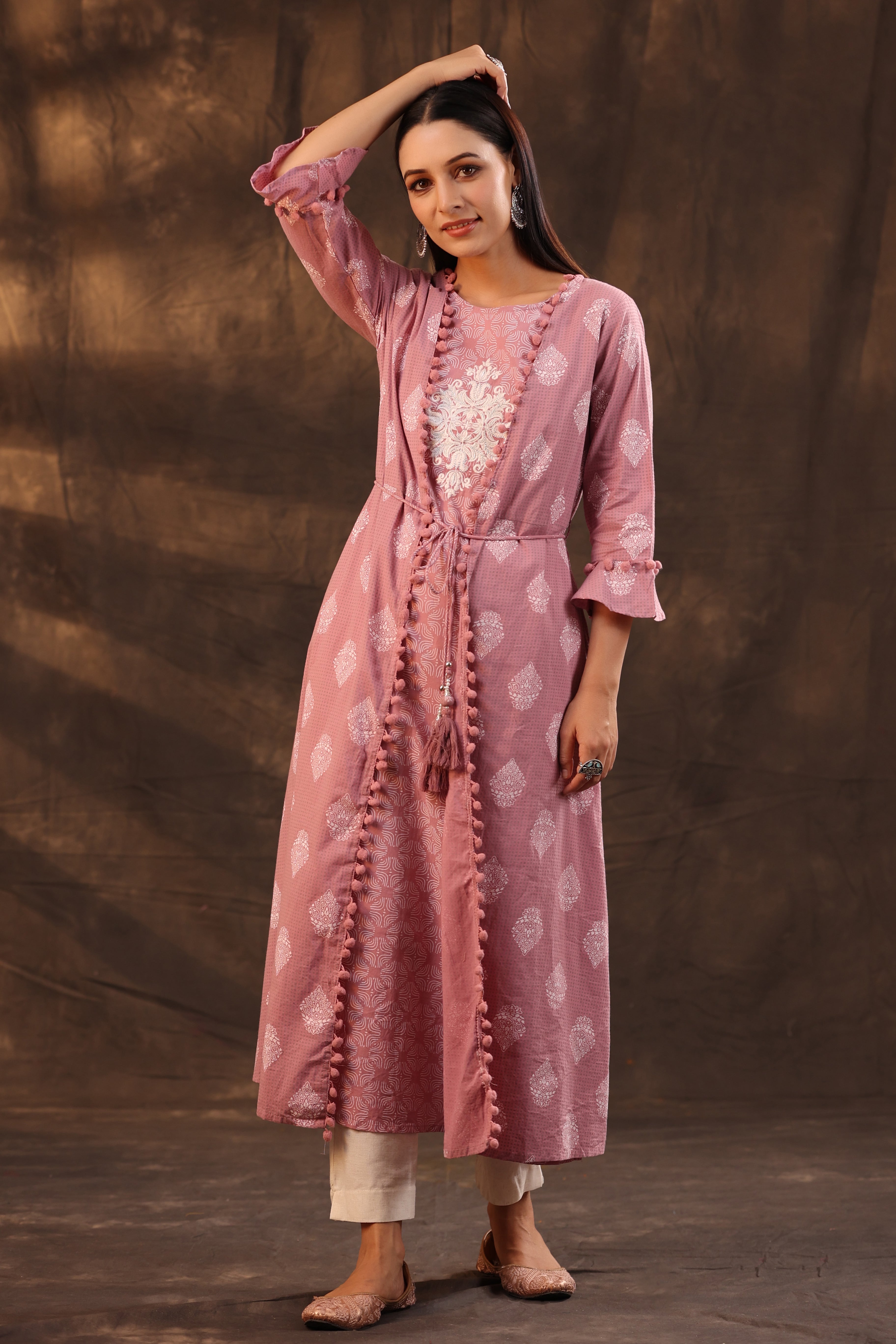 Juniper Powder Pink Ethnic Motif Printed Pure Cotton Jacket Style Women Kurta