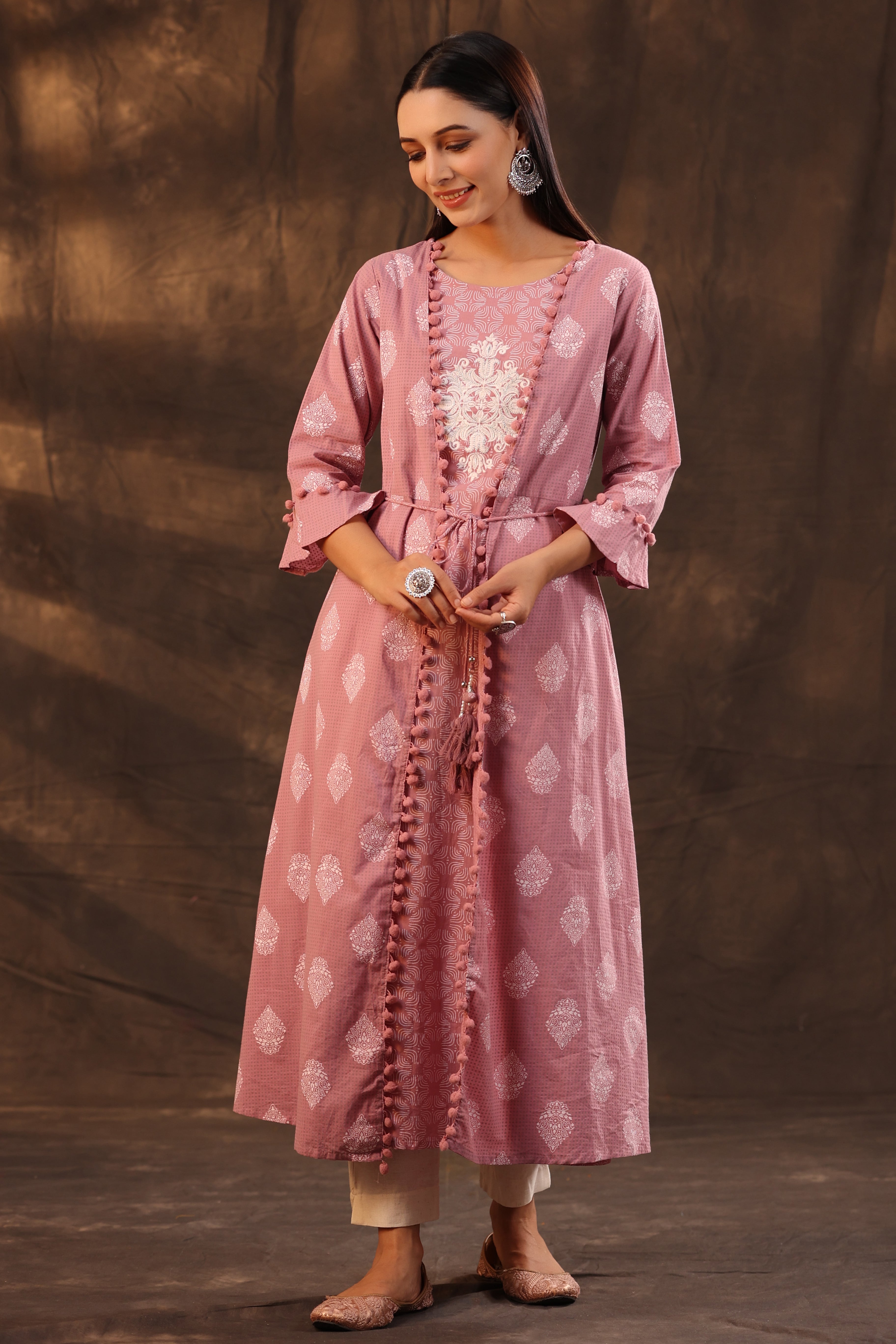 Juniper Powder Pink Ethnic Motif Printed Pure Cotton Jacket Style Women Kurta