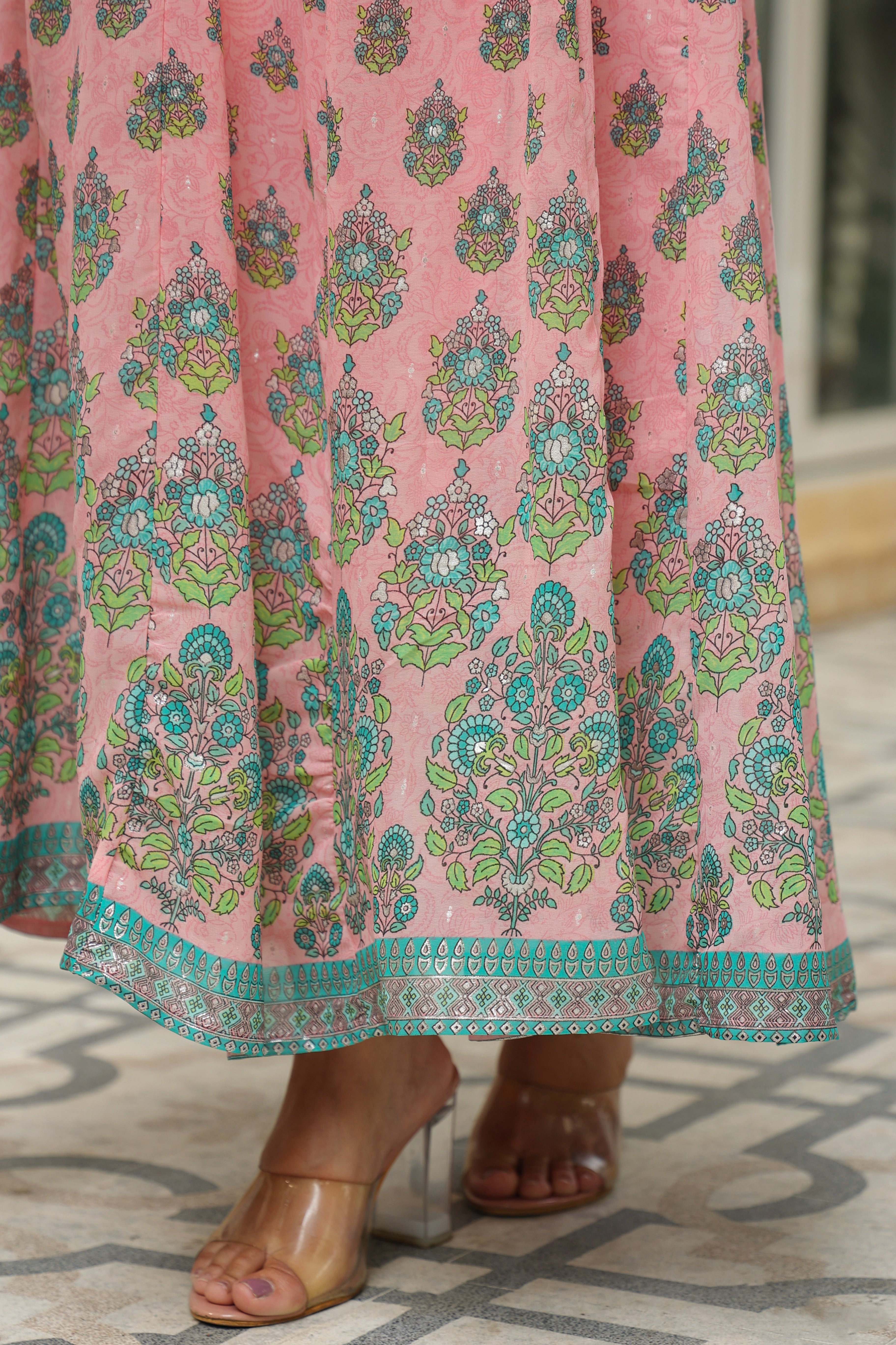Buy Pink Georgette Printed Flared Dress Online in India