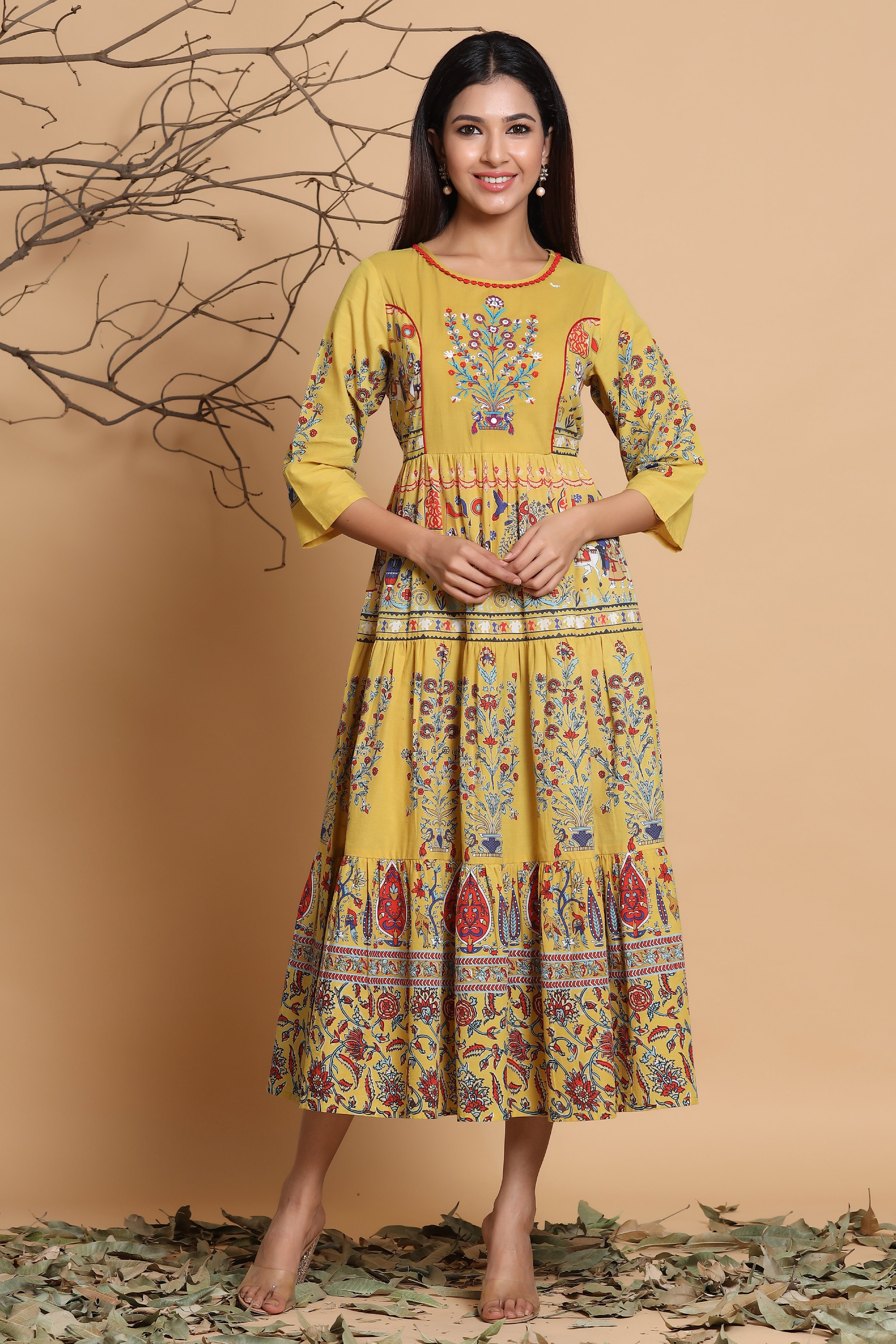 Mustard Cambric Printed Tiered Dress