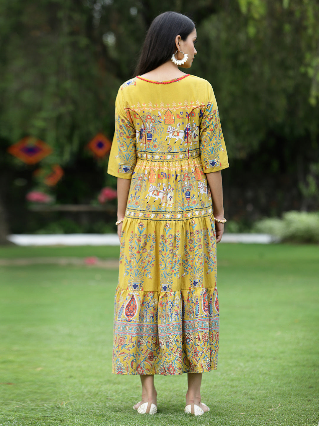 Juniper Women`s Mustard Cambric Printed Tiered Dress