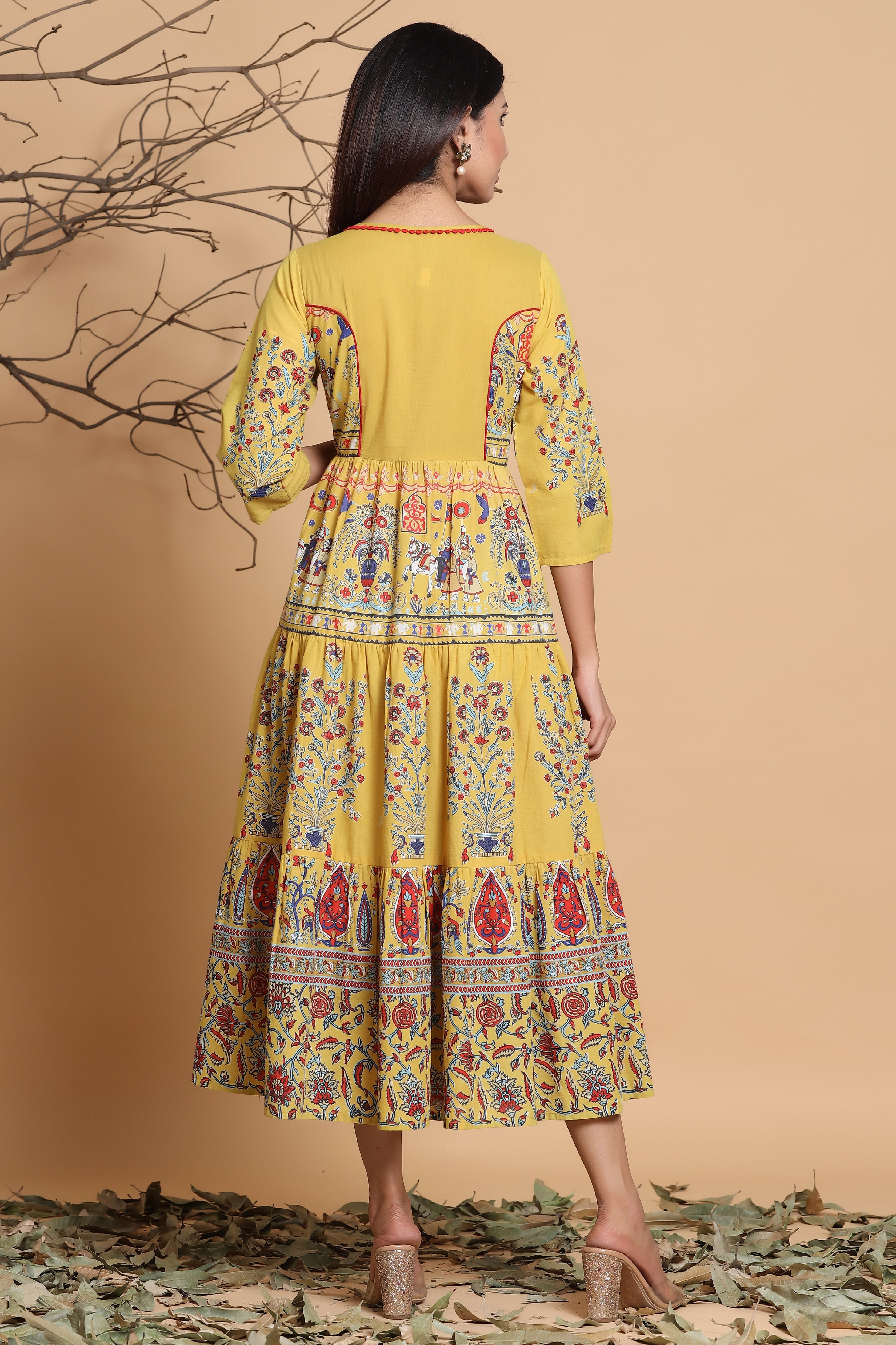 Mustard Cambric Printed Tiered Dress