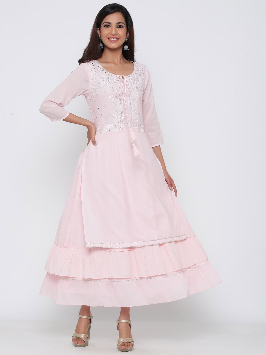 Babypink Cotton Embellished Flared Dress